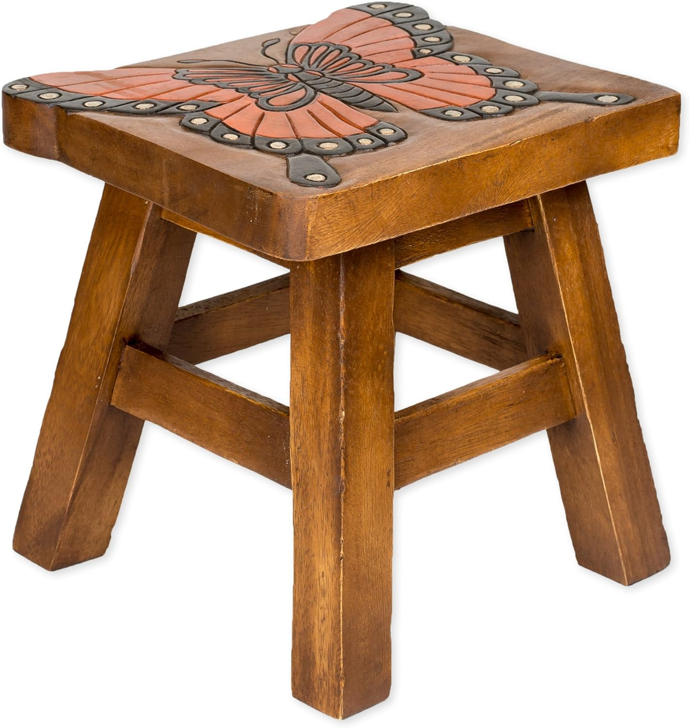 Monarch Butterfly Hand Carved Acacia Hardwood Decorative Short Stool