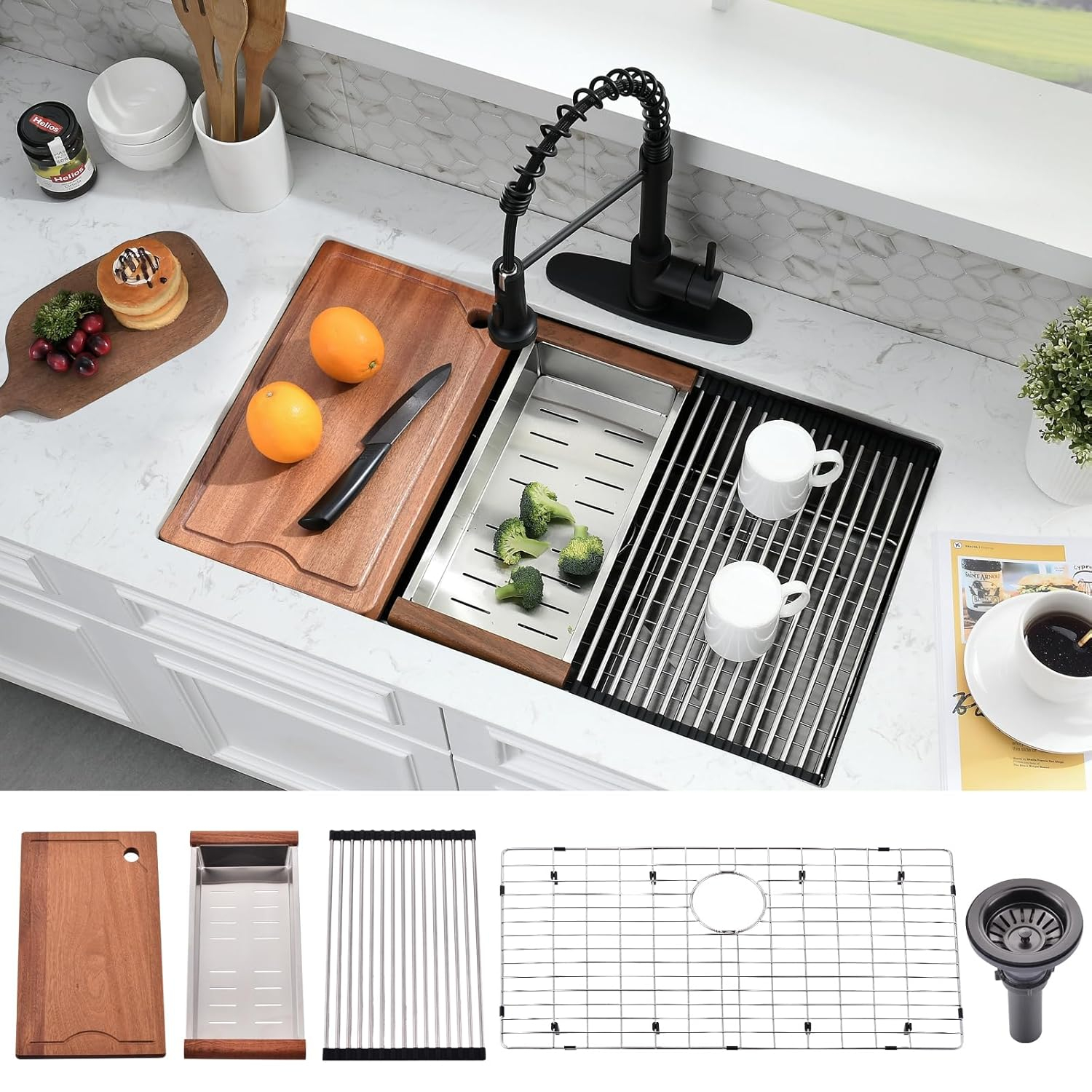 28 Inch Undermount Kitchen Sink Black - 16 Gauge Black Satainless Steel Kitchen Sink Undermount 28x18,10 Inch Deep Single Bowl Workstation Sinks with Accessories