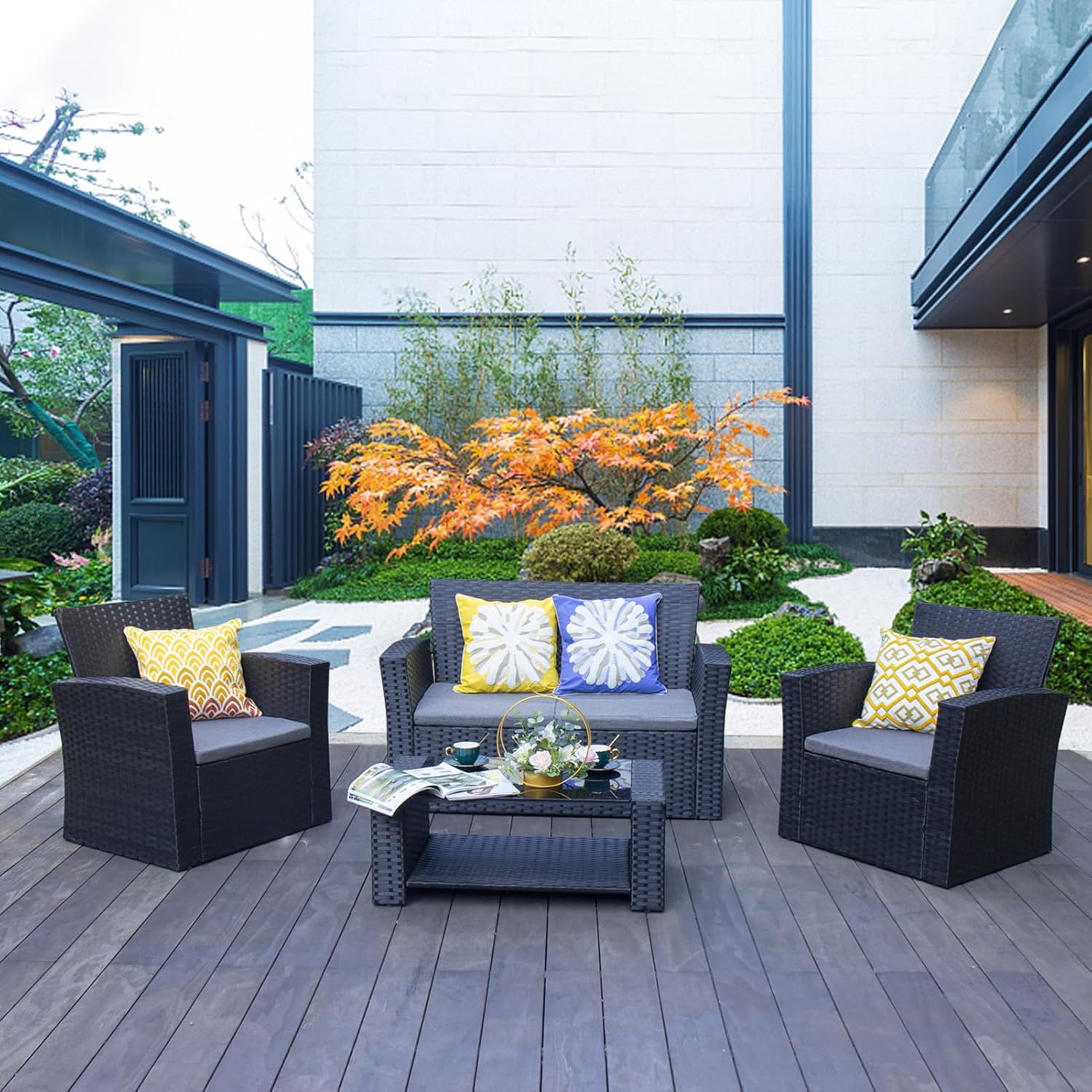 Baner Garden Complete Patio 4 Piece Rattan Wicker Conversation Set
