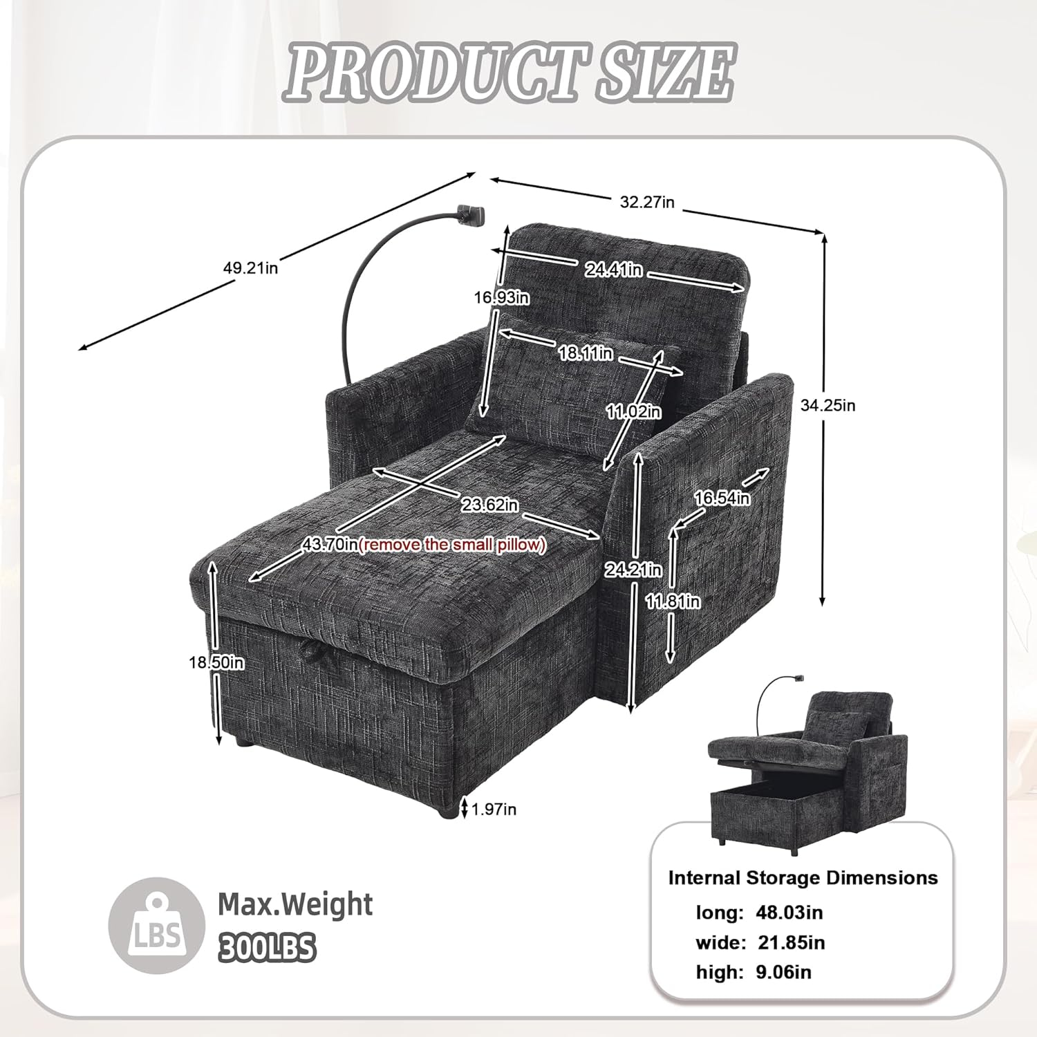 32 Inch Chaise Lounge Accent Chair with Storage, Comfy Chenille Upholstered Sleeper Chair Bed Modern Deep Seat Leisure Recliner Lounger Daybed w/Phone Holder and Side Pockets for Living Room Office