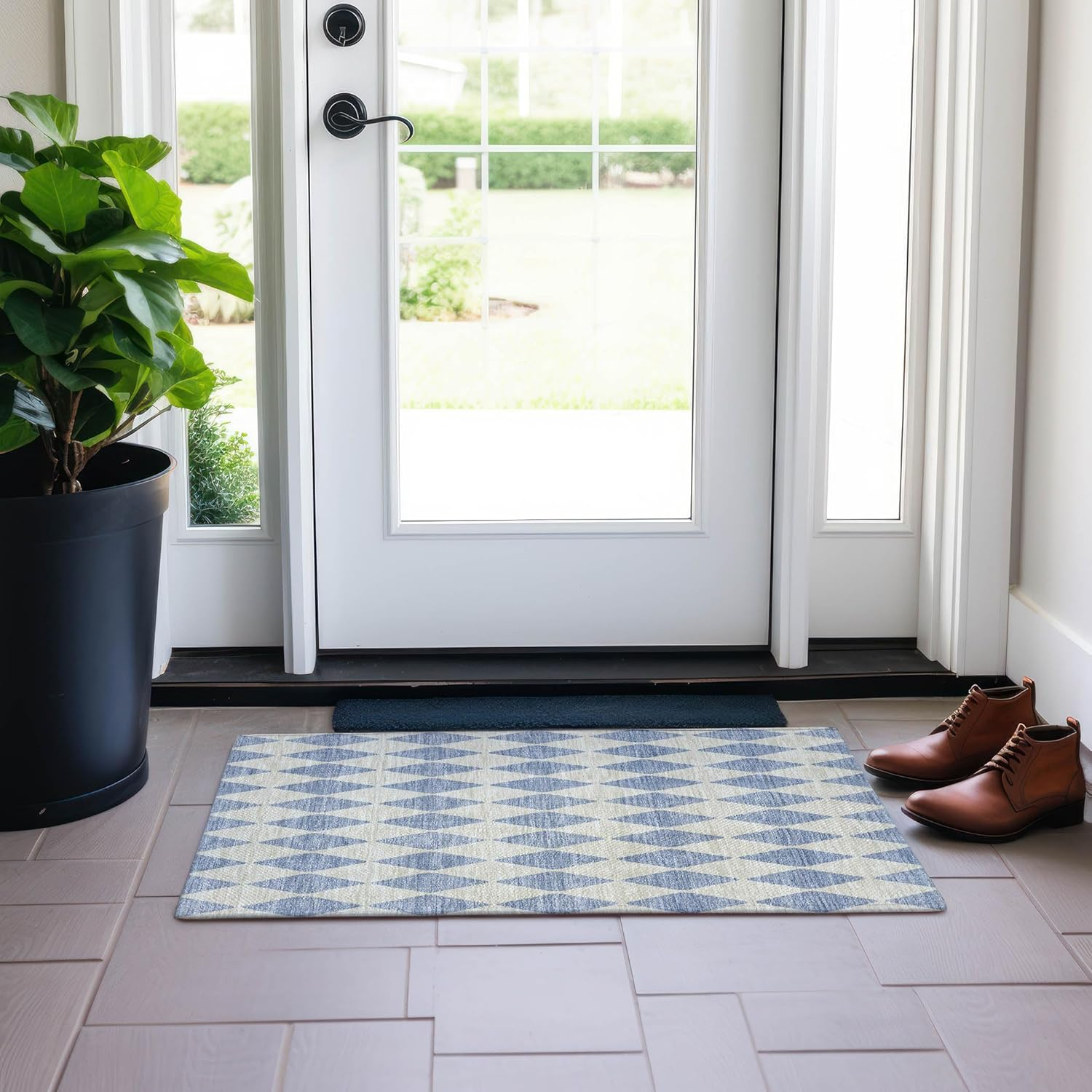 Sky Blue Diamond Pattern Washable Synthetic Rug 1'8"x2'6"