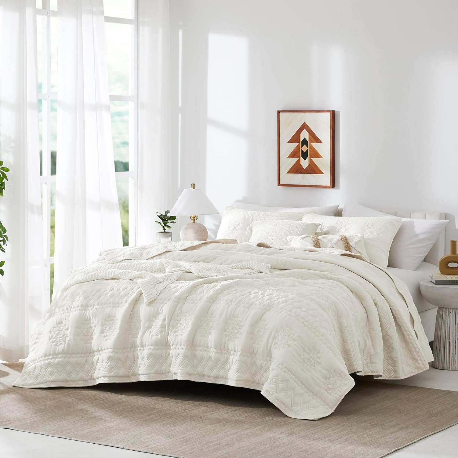WDCOZY Boho Ivory Oversized California Cal King Size Quilt Bedding Sets with 2 Pillow Shams, Cream White Farmhouse Lightweight Soft Bedspread Coverlet for All Season, 3 Pieces
