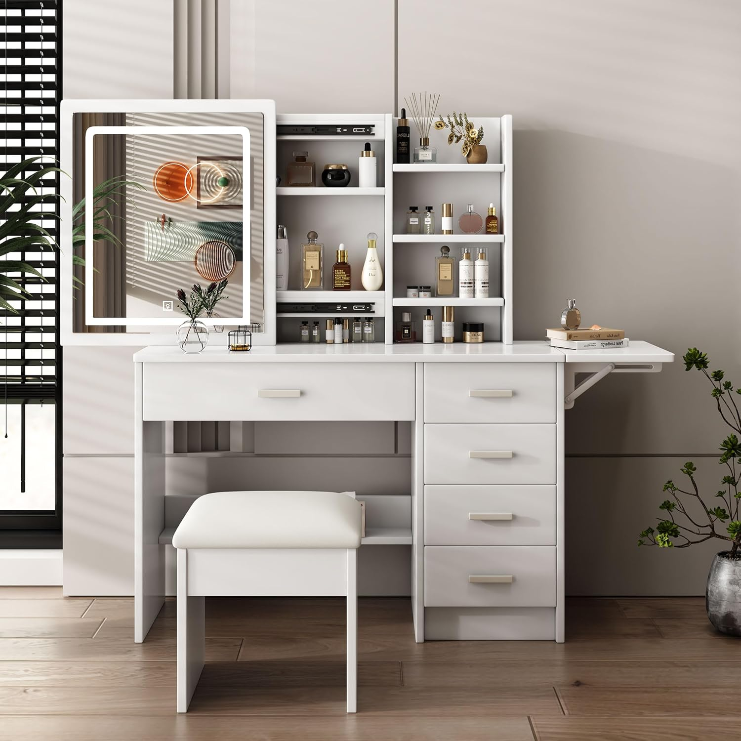 Vanity Desk with Mirror and Lights, White Makeup Vanity Chair Set with Fold-up Panel, Dressing Table with 5 Drawers and Shelves, 3 Lighting Modes, Brightness Adjustable