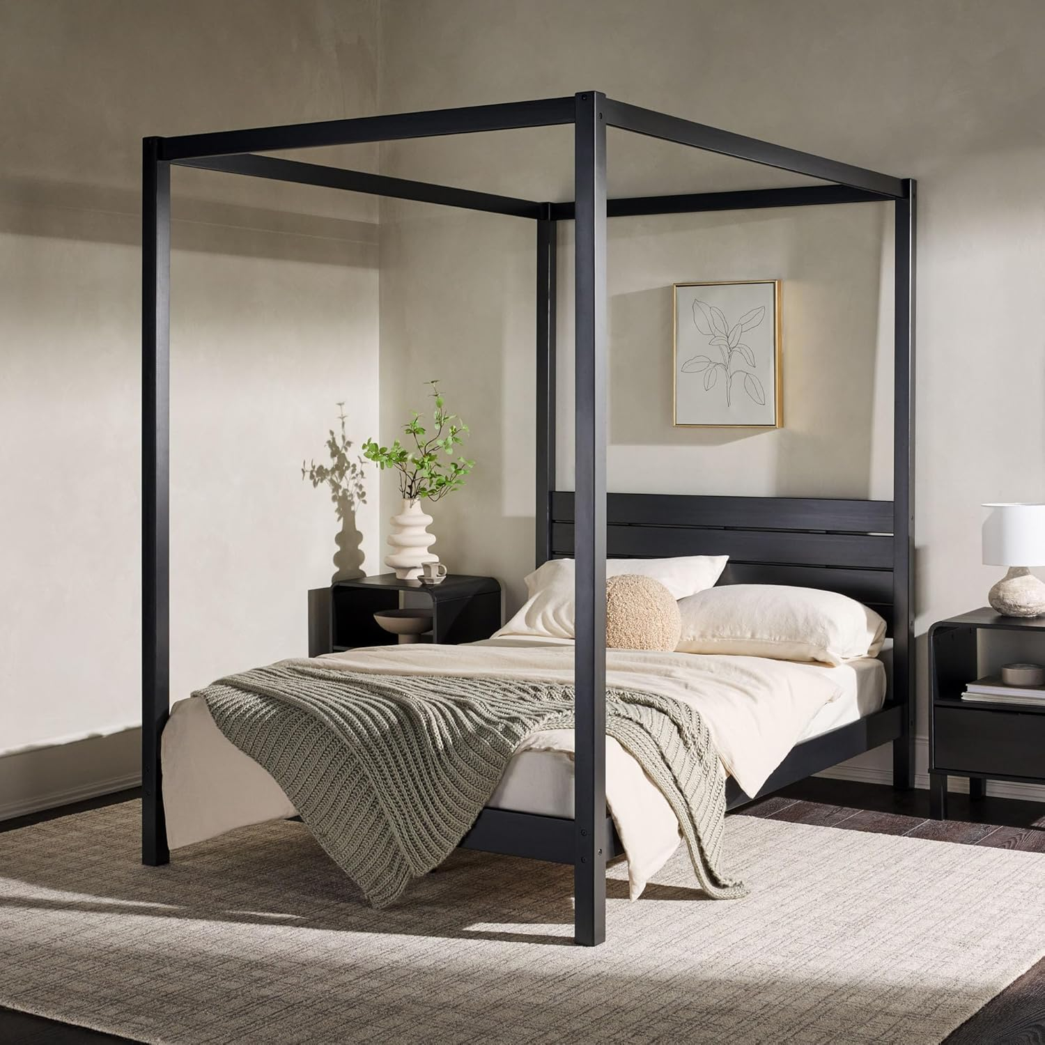 Walker Edison Minimalist Solid Wood Canopy Full Bed, Black