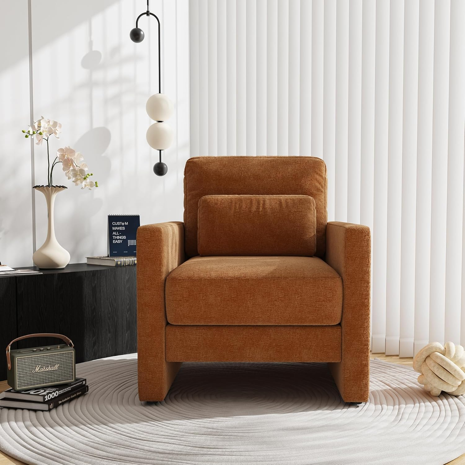 Mid-Century Modern Chenille Fabric Armchair, Orange, Comfy Single Sofa Vanity Chair with Pillow & Armrest, Living Room, Bedroom, Office