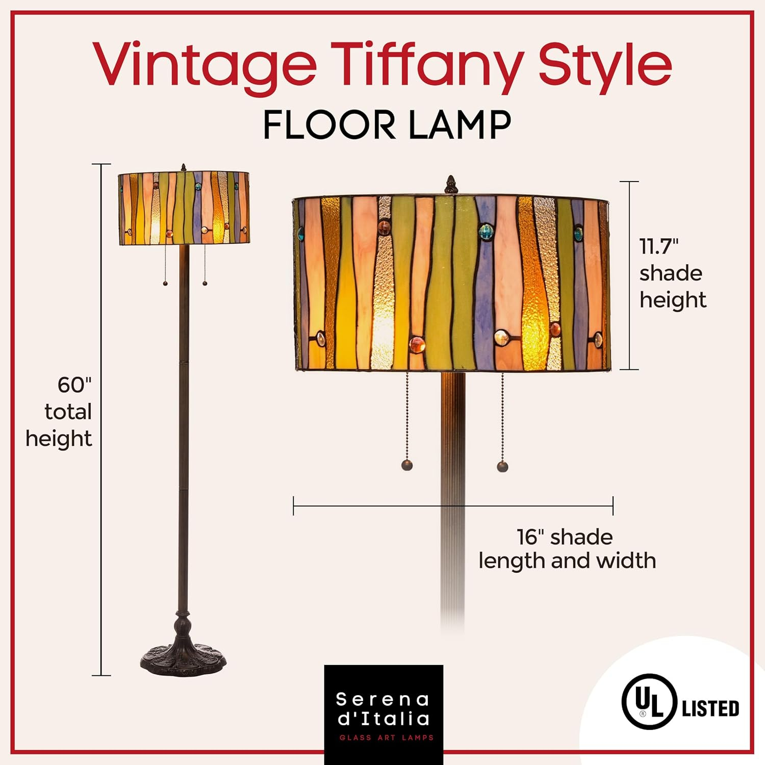 Serena d'italia Contemporary Tiffany 2 light Striped 60 in. Bronze Floor Lamp