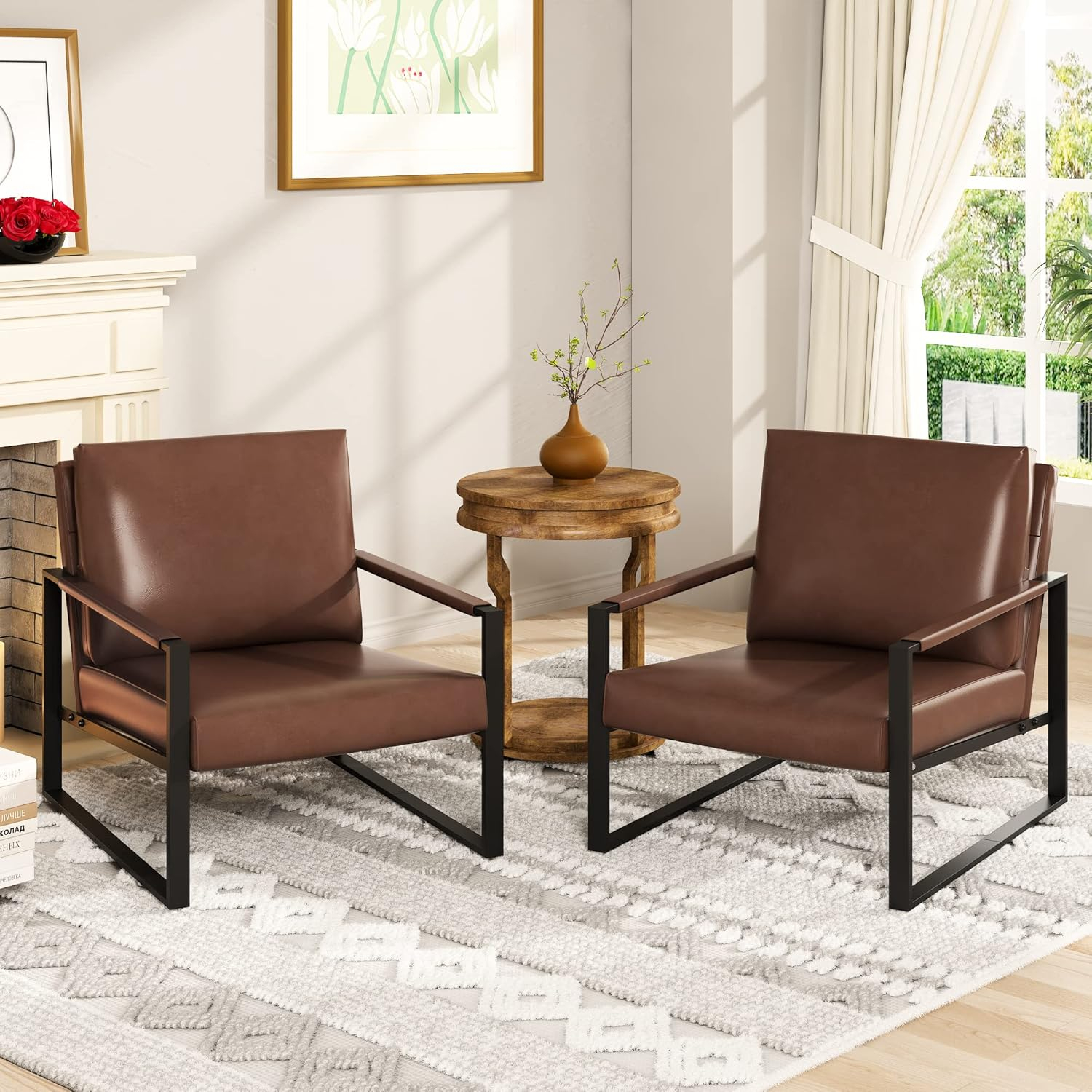 AWQM Modern PU Leather Accent Chair Arm Chair with Extra-Thick Padded Backrest and Seat Cushion Sofa Chairs for Living Room Bedroom, 105 Degree Slant Back, Non-Slip Adsorption Feet, Brown