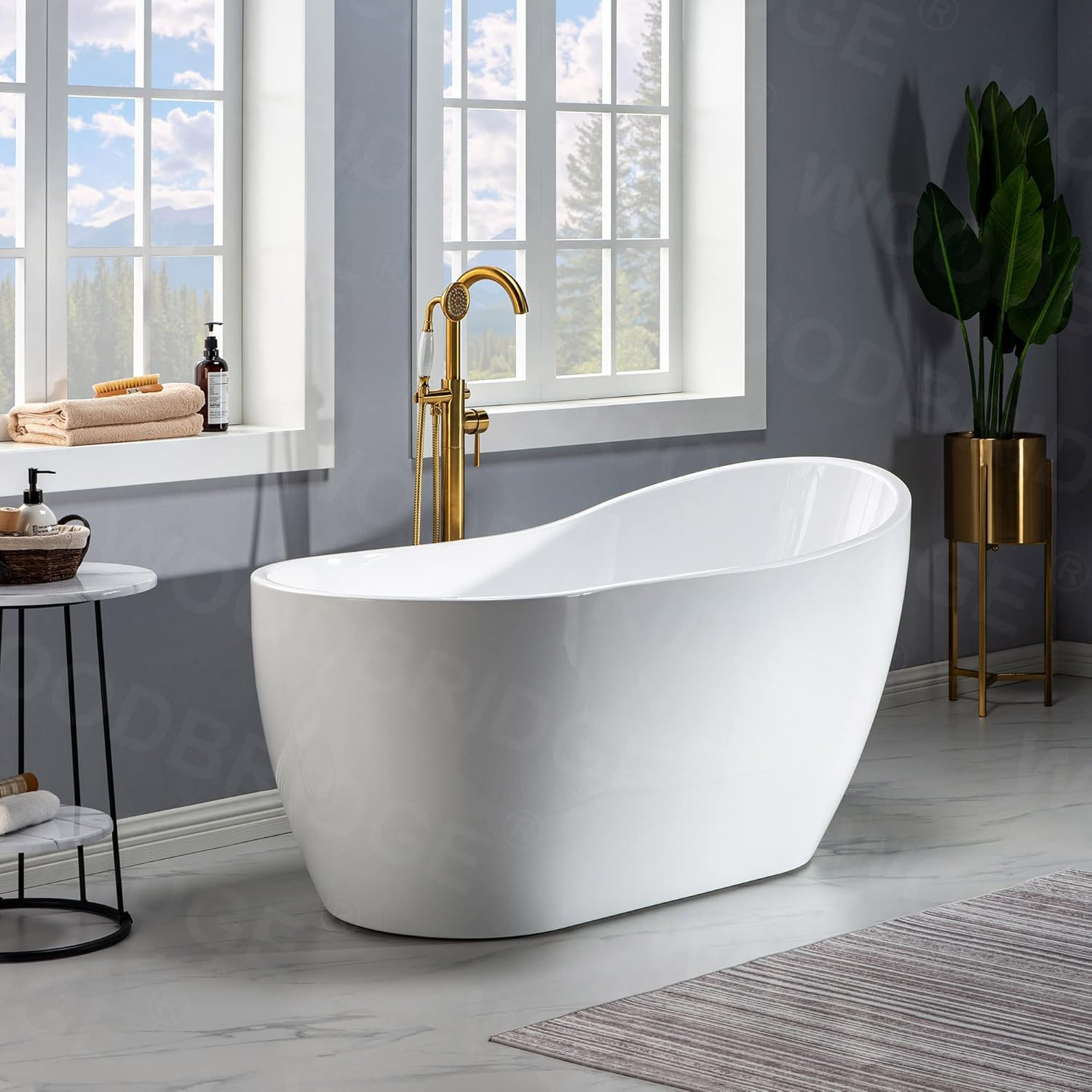 WOODBRIDGE 59" Acrylic Freestanding Bathtub Contemporary Soaking White Tub with Brushed Nickel Overflow and Drain,B1530-BN