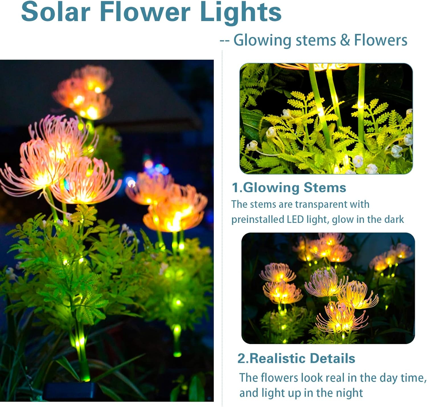 Solar Garden Lights, Solar Flowers Lights with Glowing Flowers & Stems, Upgraded Solar Panel, Outdoor Lights for Garden Decoration,Yard Decor and Gift for Mother (2 Pack)