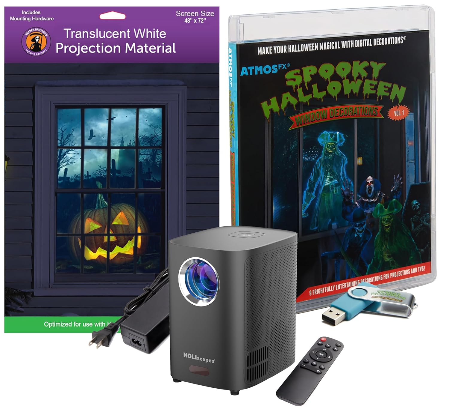 Spooky Halloween Digital Decoration Kit Includes 9 AtmosFX Video Effects for Halloween Plus HD Super Bright Projector and 48” x 72” Holographic Projection Screen