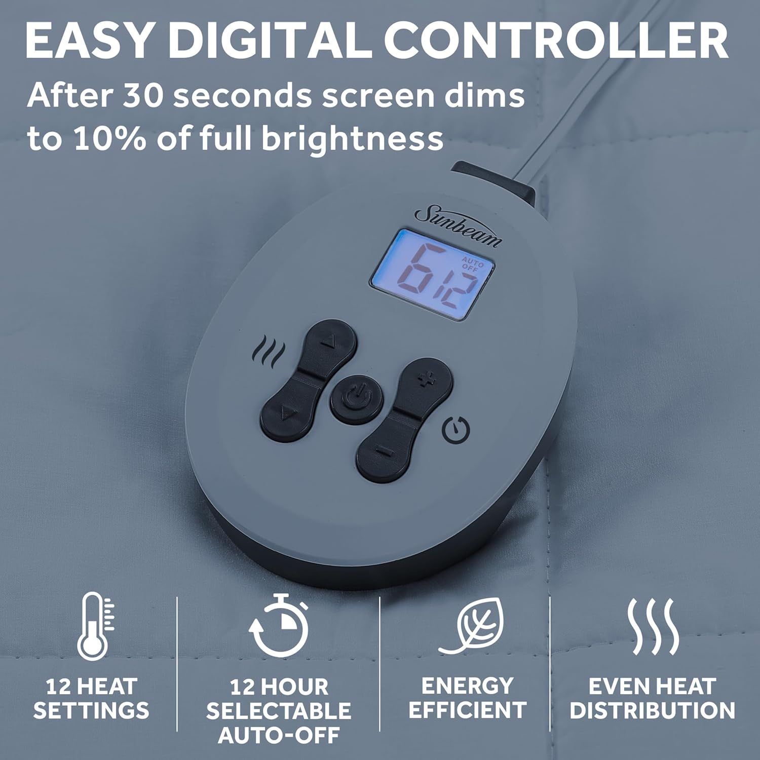 Sunbeam Premium Quilted Electric Heated Mattress Pad Twin 39" x 75" - 12 Heat Settings, 12-Hour Selectable Auto Shut-Off, Fast Heating, Warming Bed, Machine Washable, Extra-Soft Warm Cozy