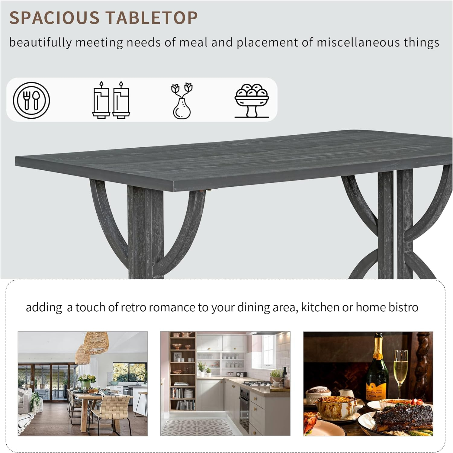 6-Piece Retro Dining Table Set, Rubber Wood Rectangular Table with Unique Legs and 4 Upholstered Chairs & 1 Bench for Dining Room and Kitchen (Gray Wash)