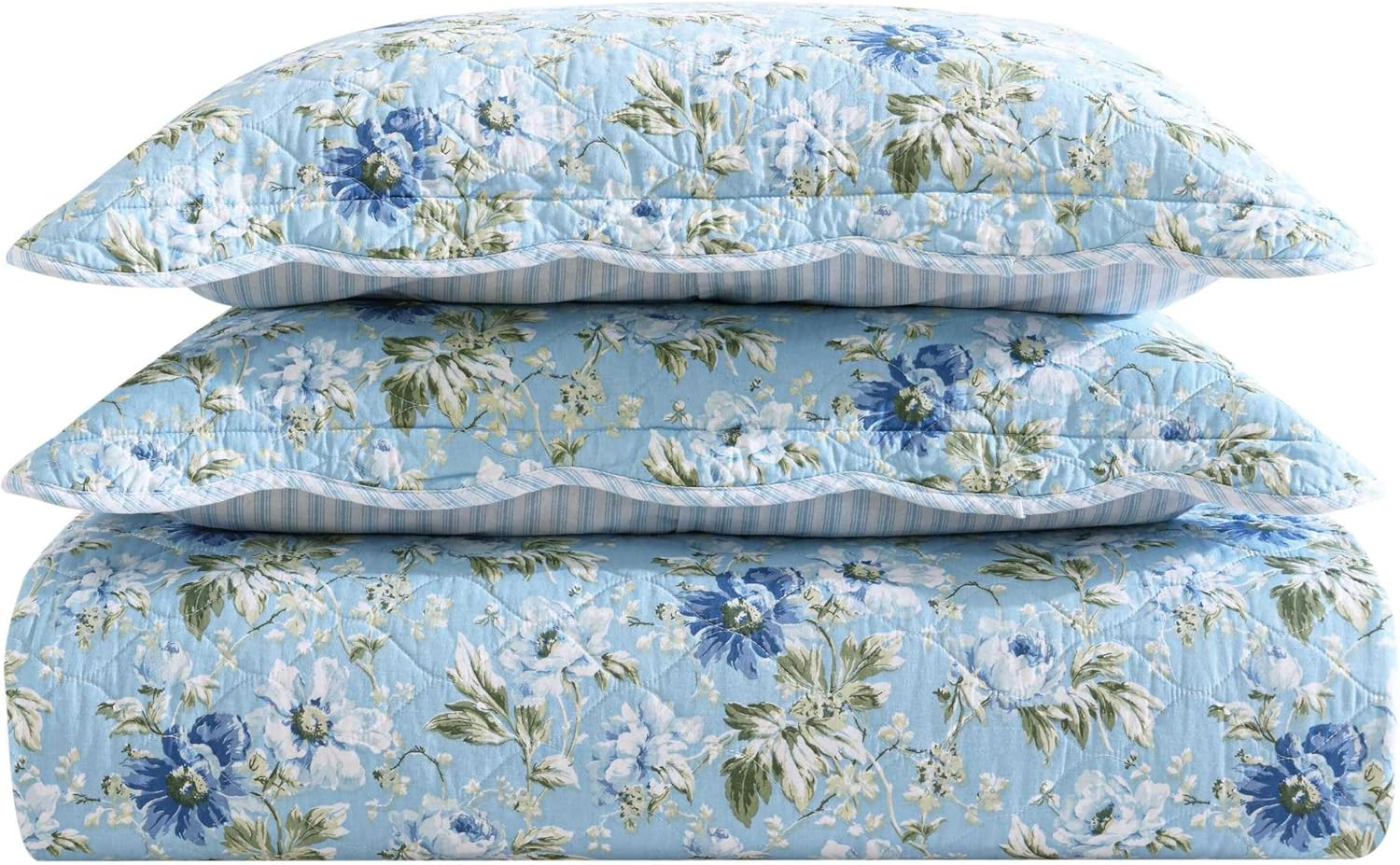 Blue Cotton Full Reversible Quilt Set with Floral Design
