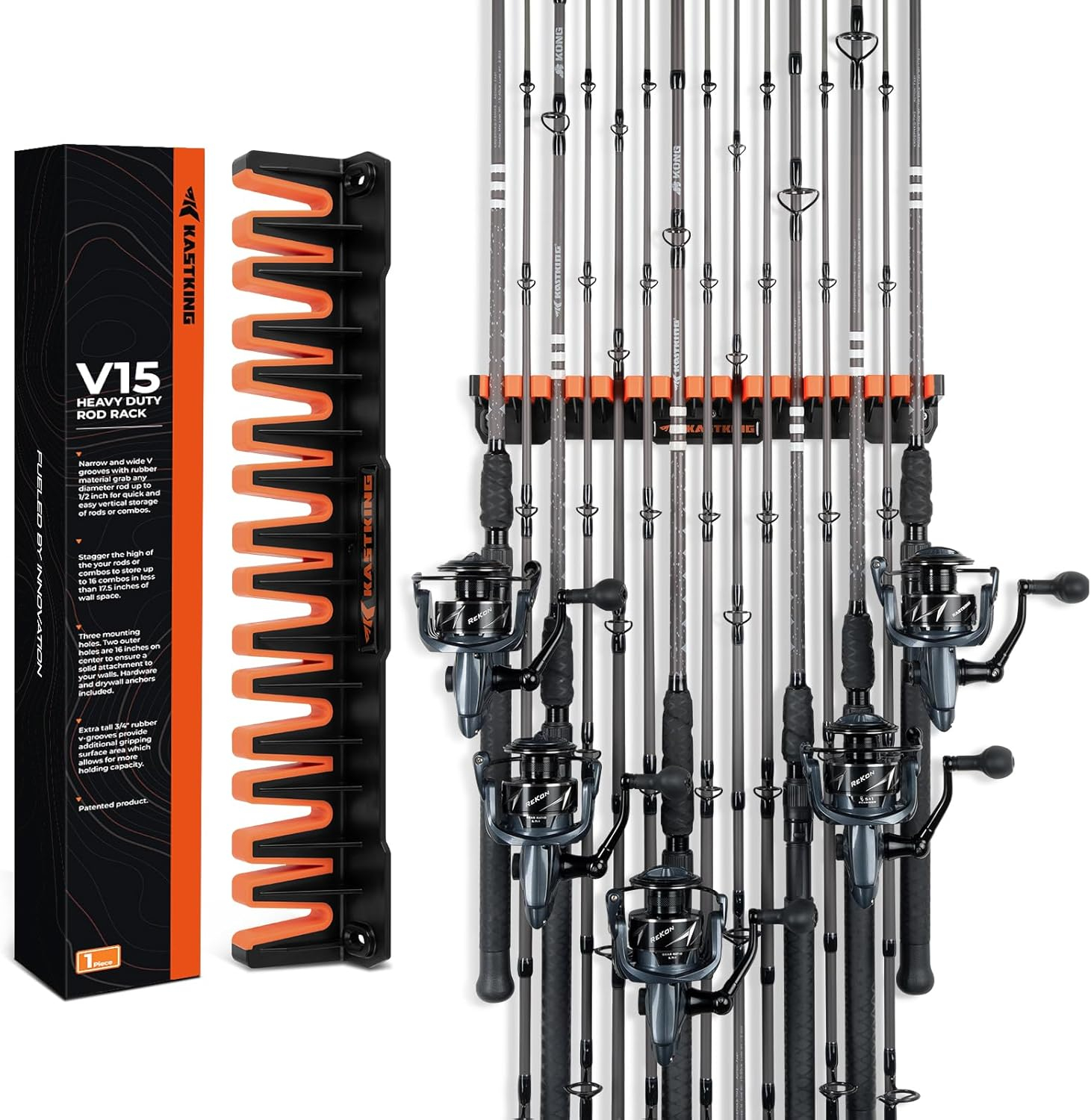 KastKing V15HD Heavy Duty Vertical Fishing Rod Holder – Wall Mounted Fishing Rod Rack, Store 15 Large Rods or Fishing Rod Combos in 18 Inches, Great Fishing Pole Holder and Rack, 1 Pack