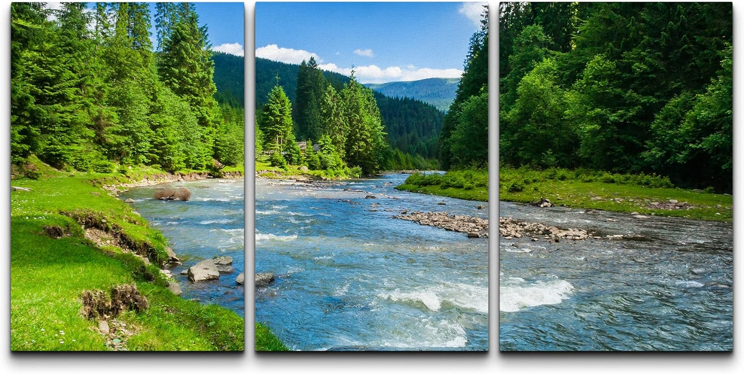 wall26 - 3 Piece Canvas Wall Art - Landscape with Mountains Trees and a River in Front - Modern Home Art Stretched and Framed Ready to Hang - 16"x24"x3 Panels