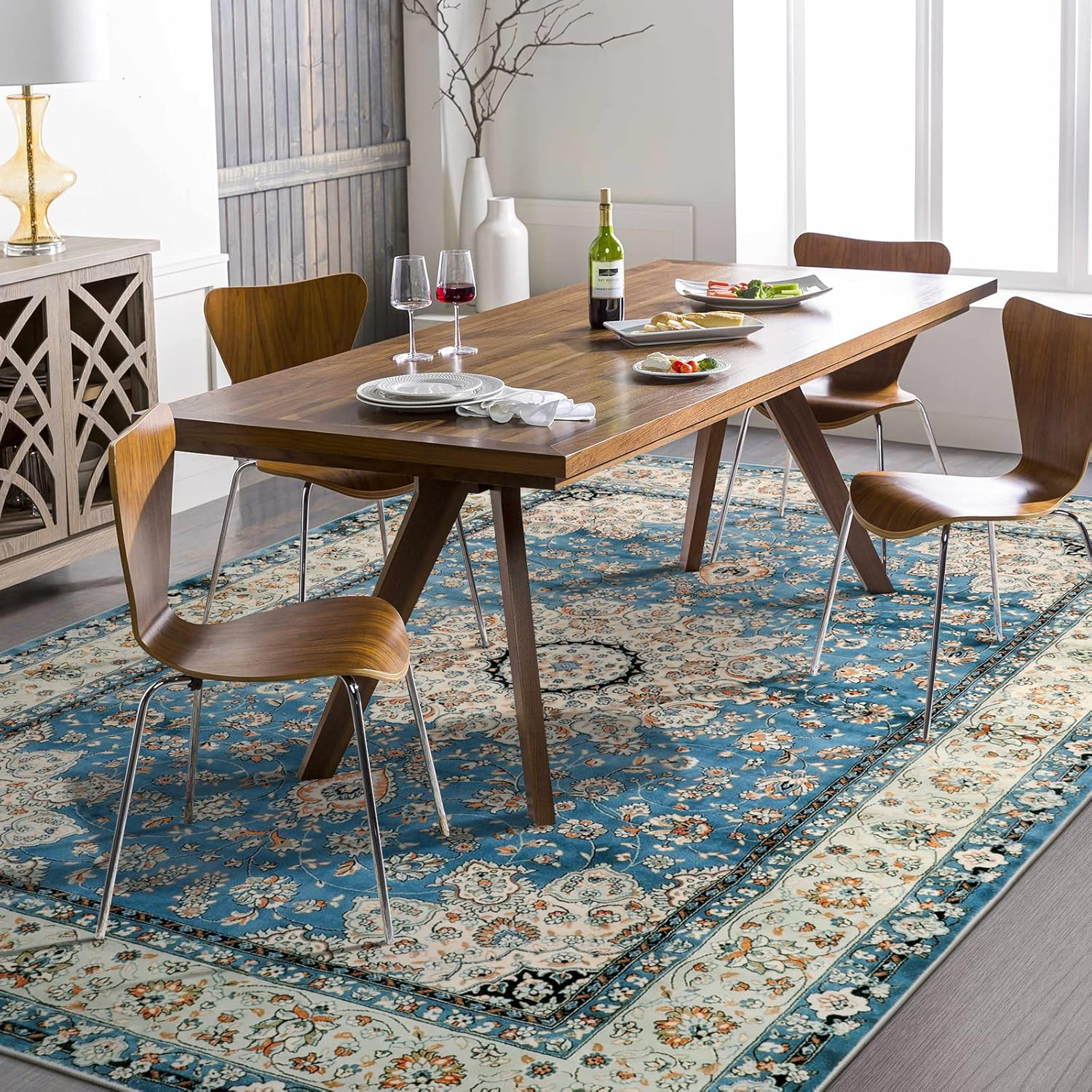 Lahome Area Rugs for Living Room 6'x9' Washable Oriental Floral Medallion Rug Indoor Printed Carpet Non Slip Mat for Dining Bedroom Office Dorm Classroom, Blue