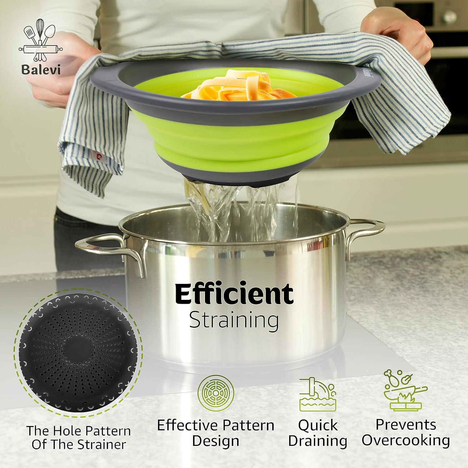 "Balevi Collapsible Strainers for Kitchen - Collapsible Colander Set of 2 Made of Silicone - Collapsible Strainer with Little Pegs to Keep Food Elevated - Green"