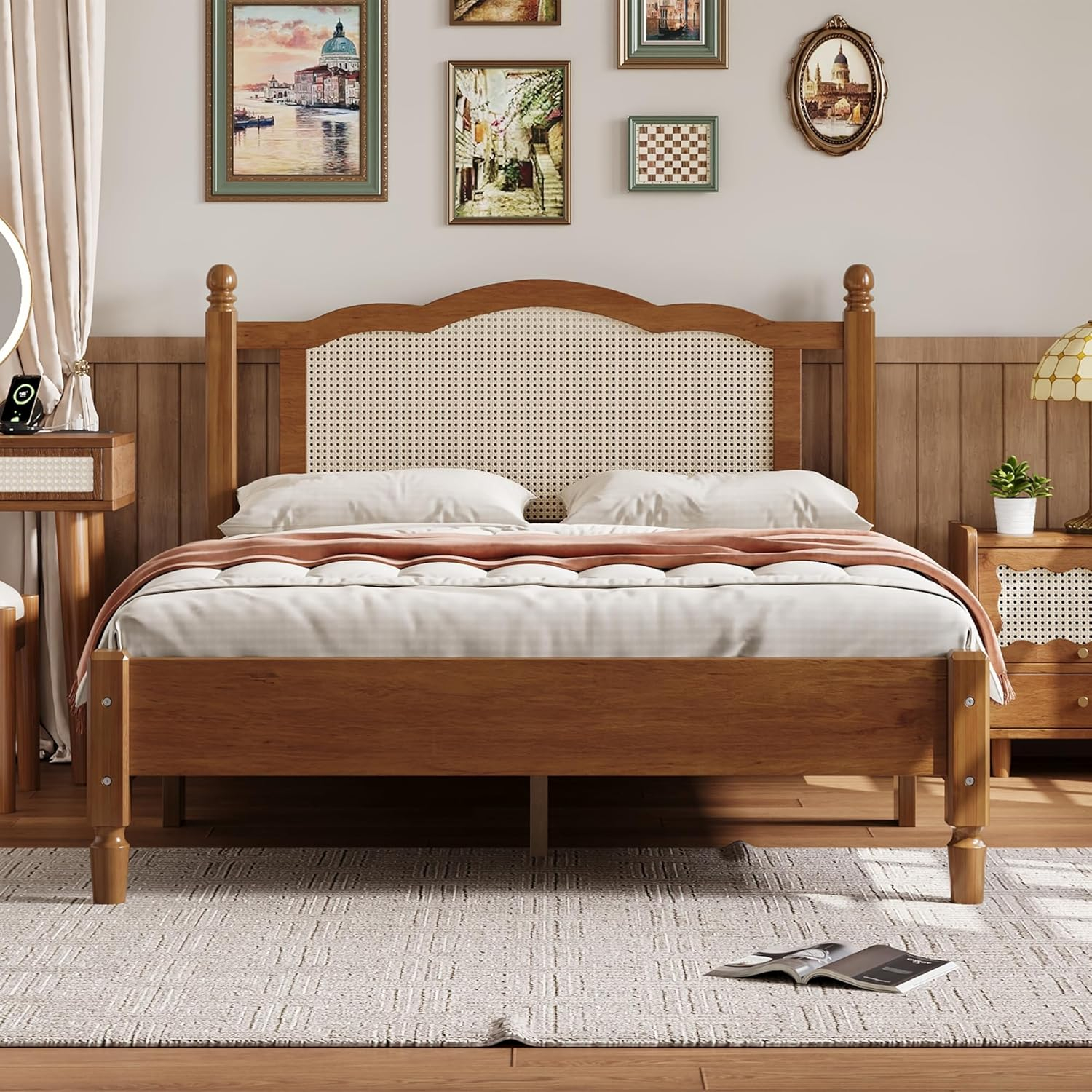 Full-Size Wooden Platform Bed with Natural Rattan Headboard, Mid-Century Modern Bed Frame for Bedroom Guest Room, Slats Support Bed Mattress Foundation No Box Spring Needed & Easy Assemble