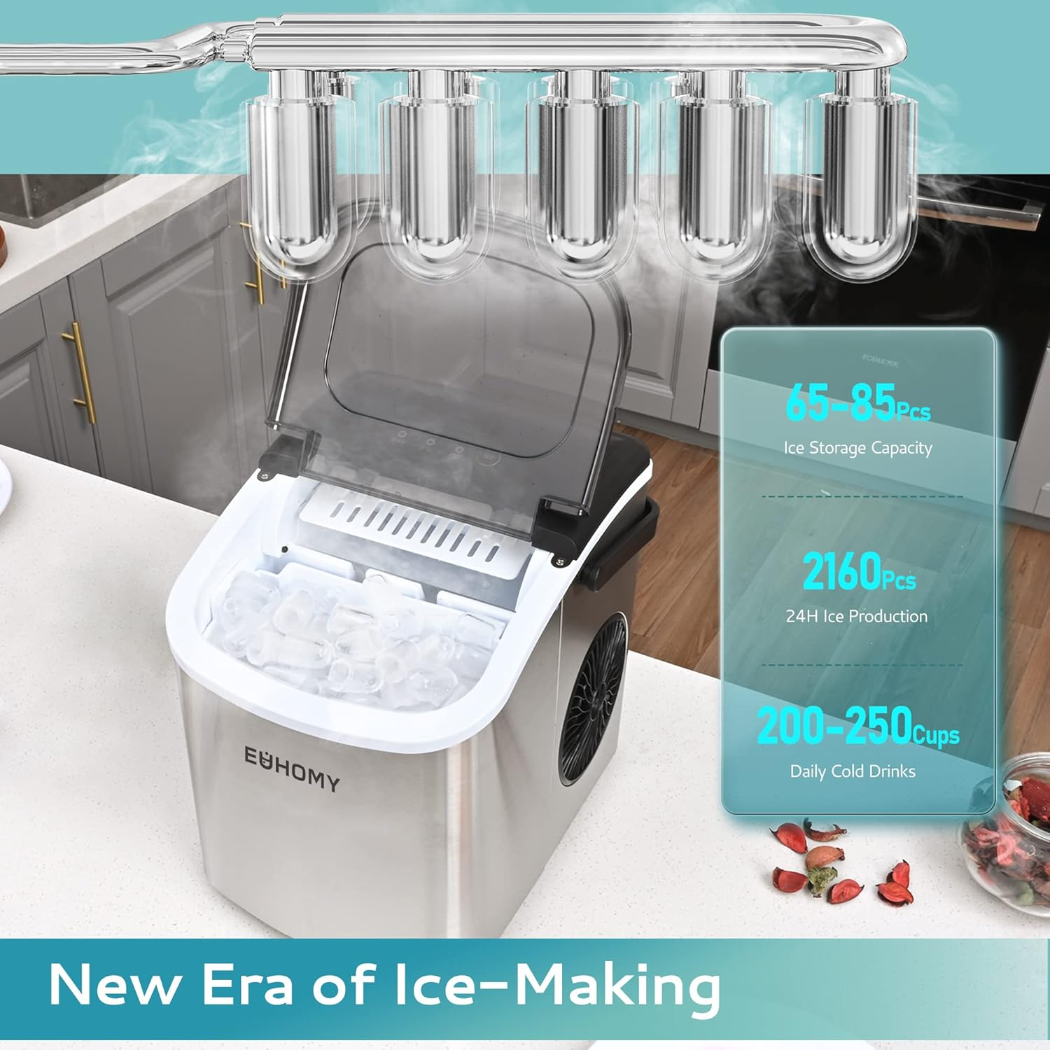 Ice Maker Countertop with Handle, 26lbs in 24Hrs, 9 Ice Cubes Ready in 6 Mins, Auto-Cleaning Portable Ice Maker with Basket and Scoop, for Home/Kitchen/Camping/RV. (2024 New Silver) Utensils