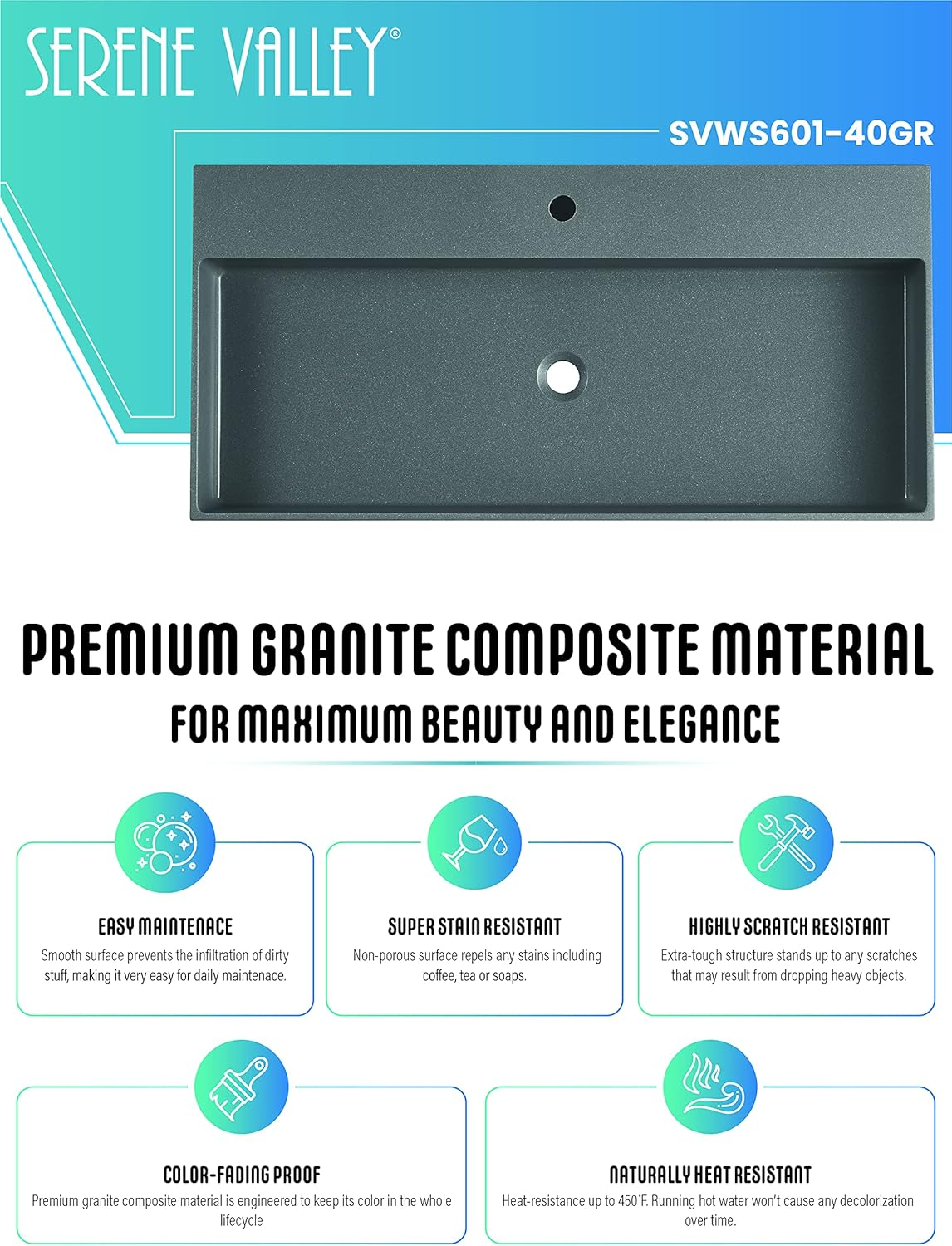 Serene Valley Bathroom Sink, Wall-Mount Install or On Countertop, 40" with Single Faucet Hole, Premium Granite Material in Matte Gray
