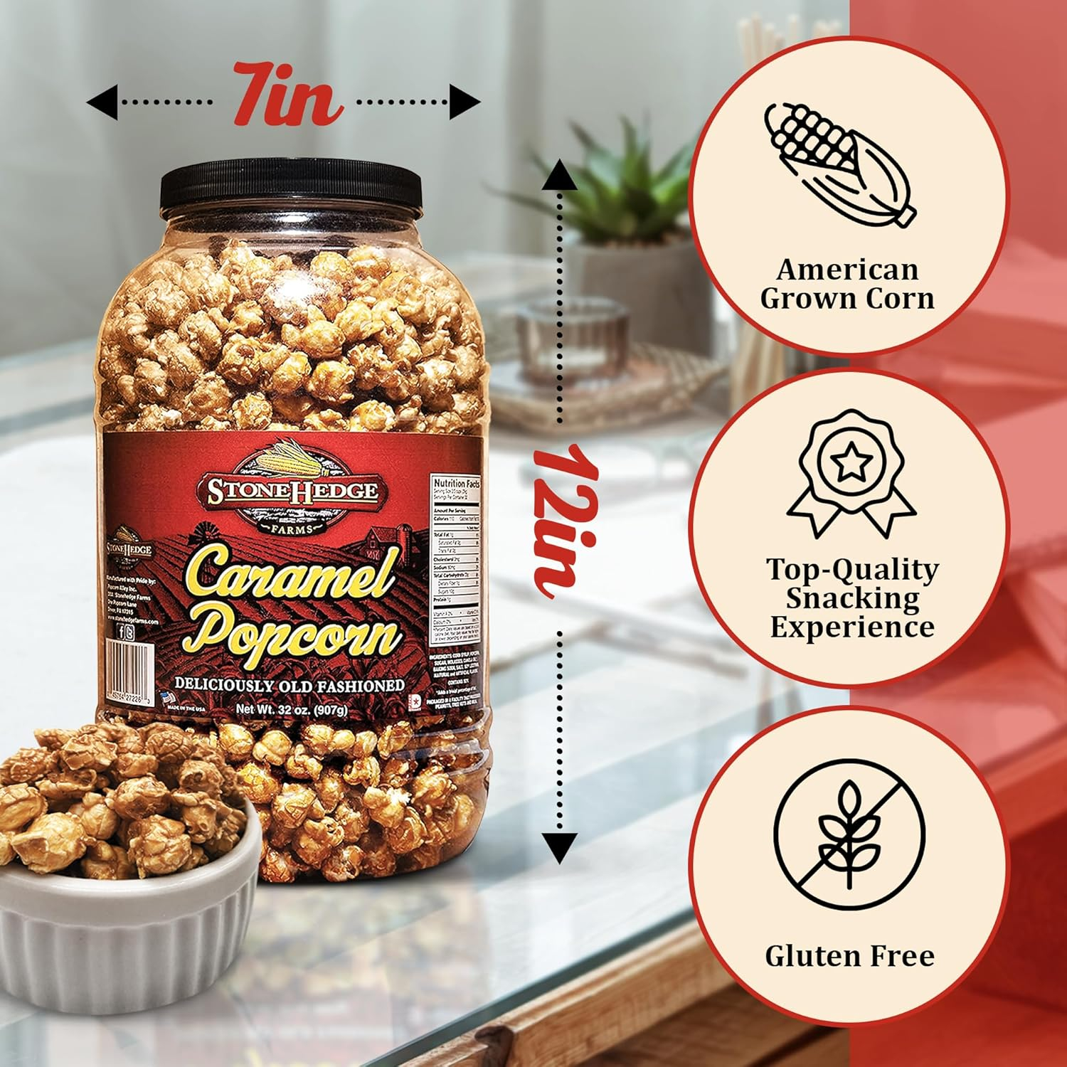 StoneHedge Farms Caramel Popcorn Deliciously Old Fashioned 32 oz. Tall Tub! 2 lbs. of Deliciousness! Made in the USA!