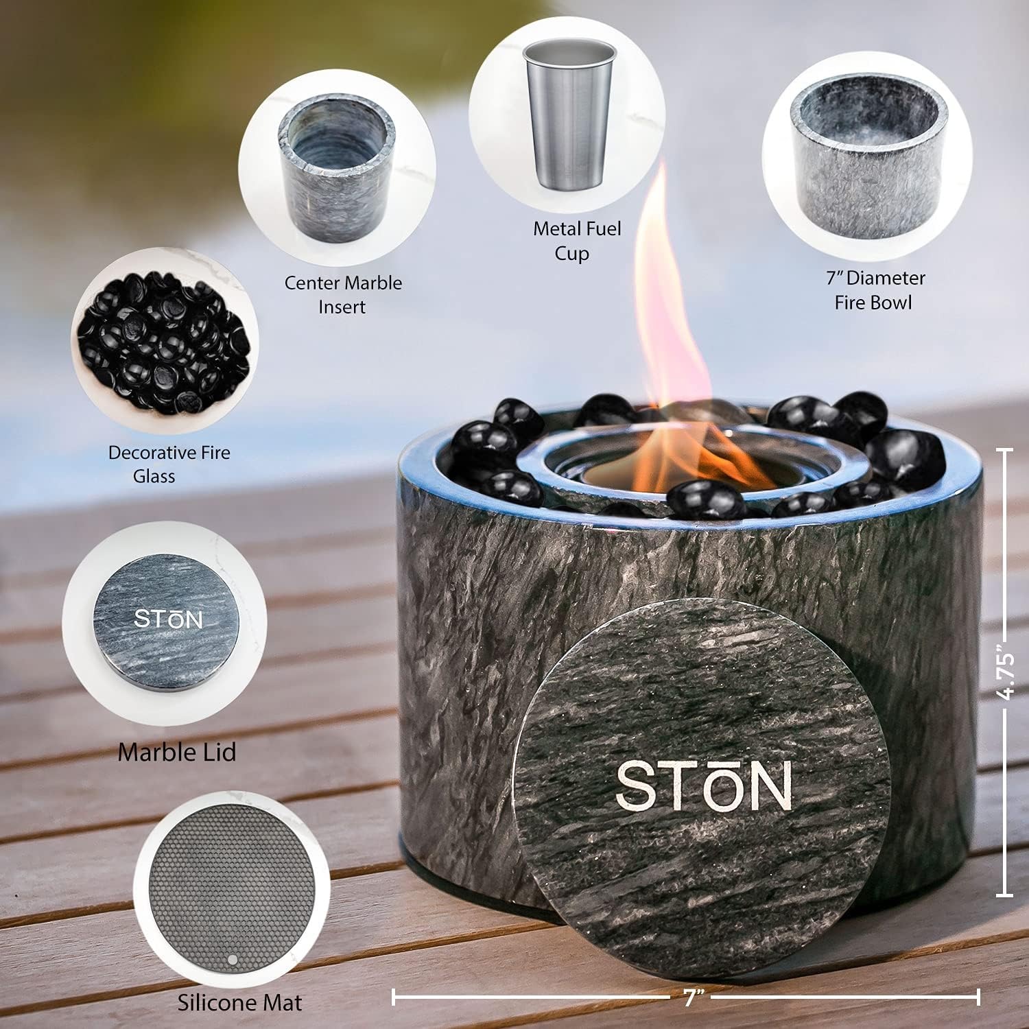 Tabletop Fire Pit Bowl - The Original Marble Portable Fireplace, Indoor Outdoor, Mini Fire Pit Clean Burning Real Flame for Patio Balcony, S’Mores Maker (Black)