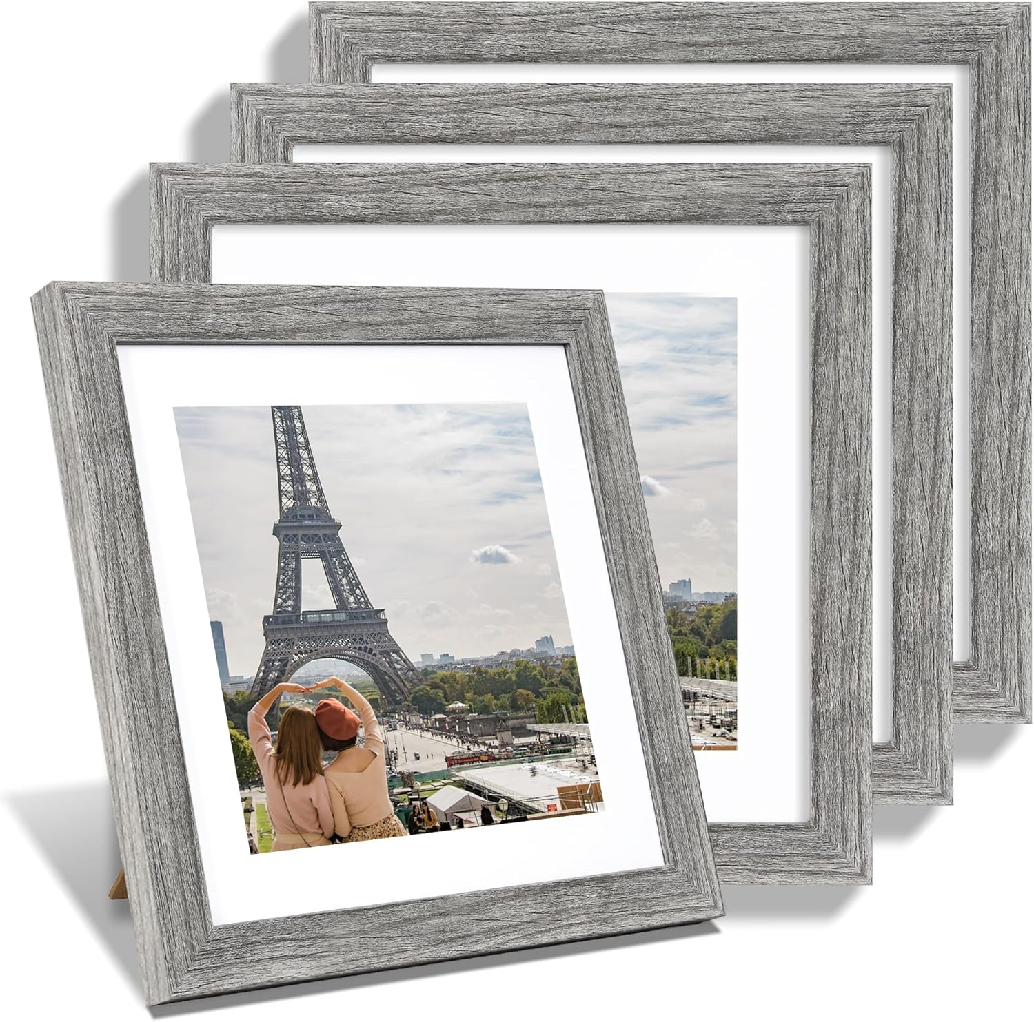 8x10 Picture Frame Set of 4, Made of Real Glass and Grey Wooden Frame, 8 by 10 Photo for Wall or Tabletop - Display Picture 5x7 with Mat or 8x10 Without Mat