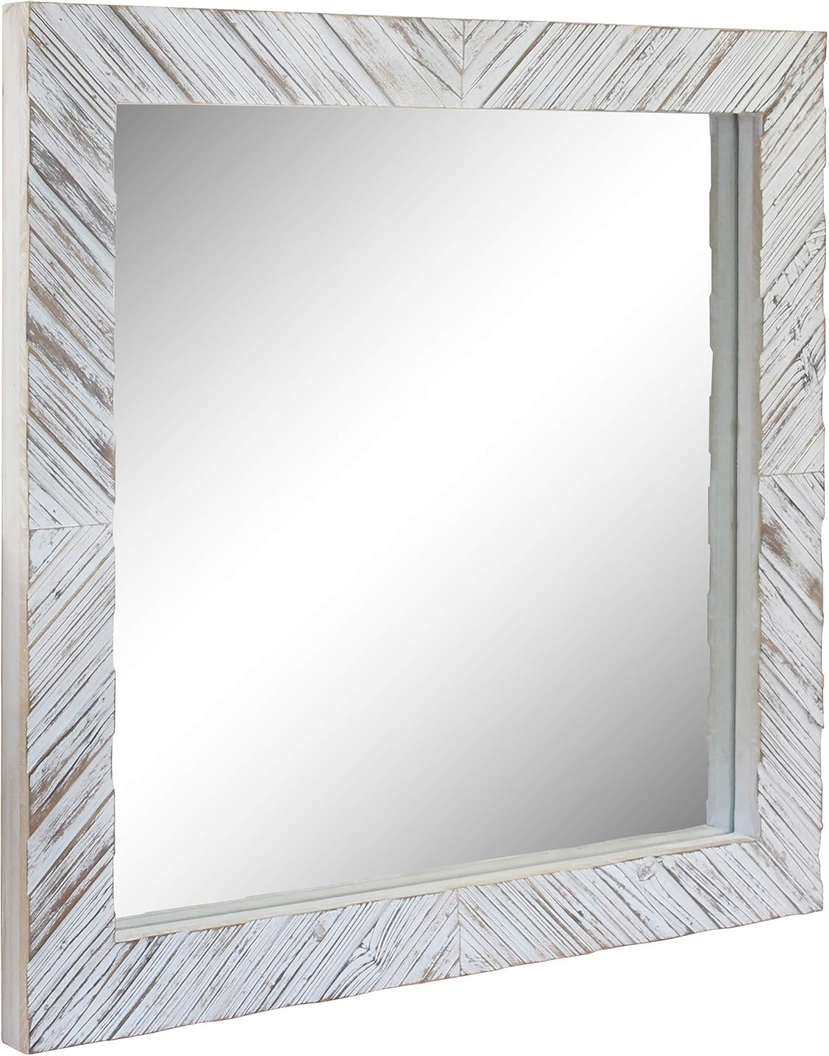 Stonebriar Brown 20" x 20" Square Textured Worn White Wooden Chevron Hanging Wall Mirror with Attached Mounting Brackets, Decorative Decor for the Living Room, Bedroom, Bathroom, Hallway, and Entryway