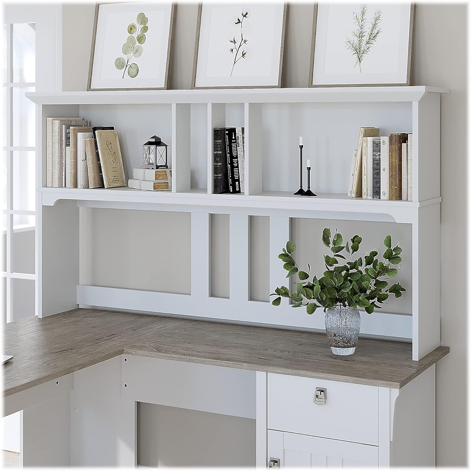 Bush Furniture Salinas Farmhouse 60W Hutch with Storage in Shiplap Gray and White - fits L Shaped Desk (sold separately)