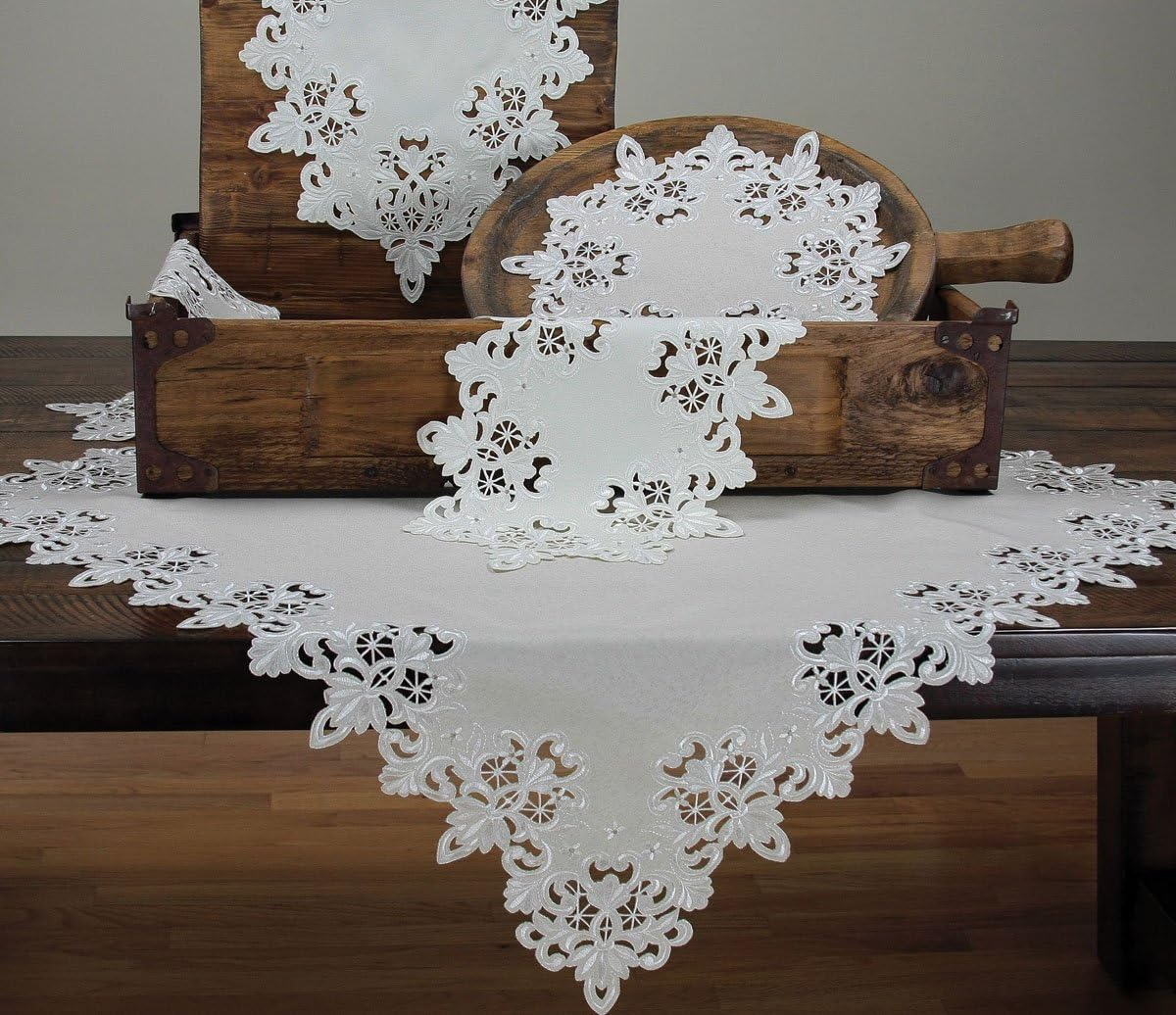 Victorian Lace Embroidered Cutwork Table Runner, 16 by 34-Inch, Taupe