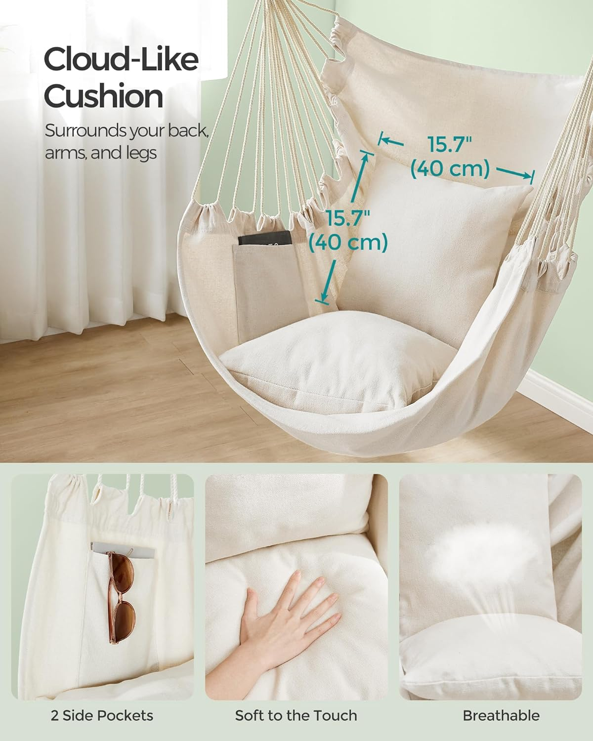 SONGMICS Hammock Chair, Load Capacity 500 lb, Hanging Chair with 2 Cushions, Large Hammock Swing with Chain and Pocket, for Indoor, Outdoor, Living Room, Bedroom, Cream White UGDC197M01