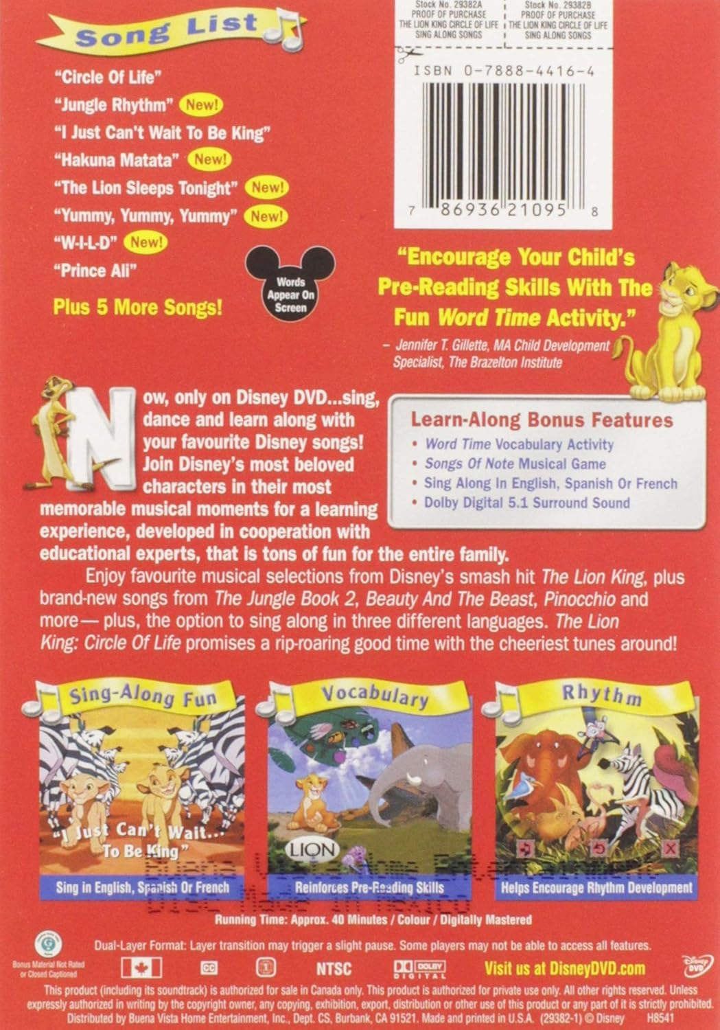 The Lion King Circle of Life Sing Along Songs DVD
