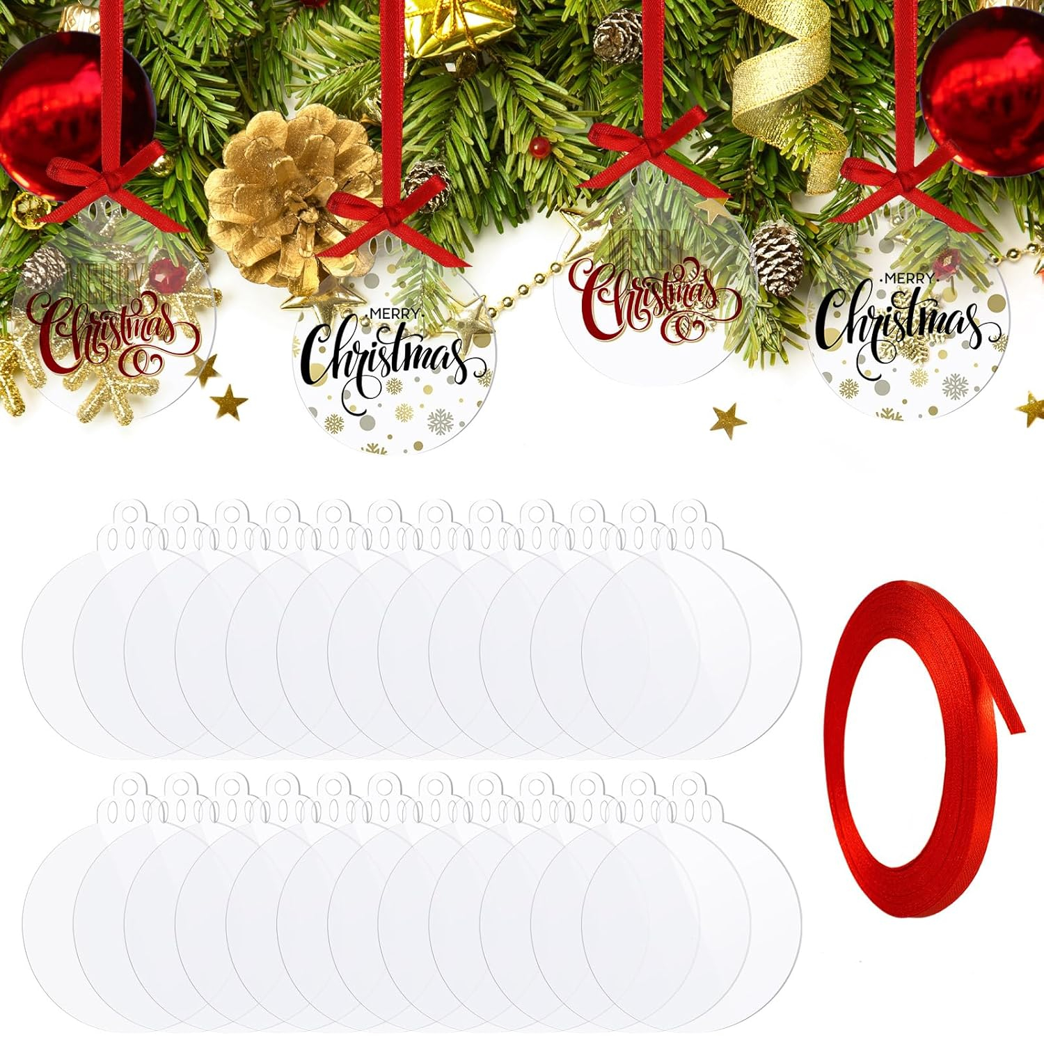 Clear Round Acrylic Christmas Ornaments Clear Blank Acrylic Disc Circle Red Ribbon with Hole DIY Crafts Acrylic Ornament for Xmas Tree Party Painting Hanging Decoration Supplies(3 Inch, 25 Pieces)