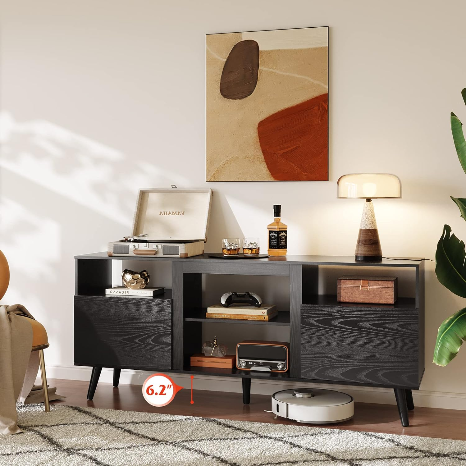 WLIVE TV Stand for 65 Inch TV, 58 inch Entertainment Center with 2 Storage Cabinets, Media Console for Living Room, Bedroom and Office, Black