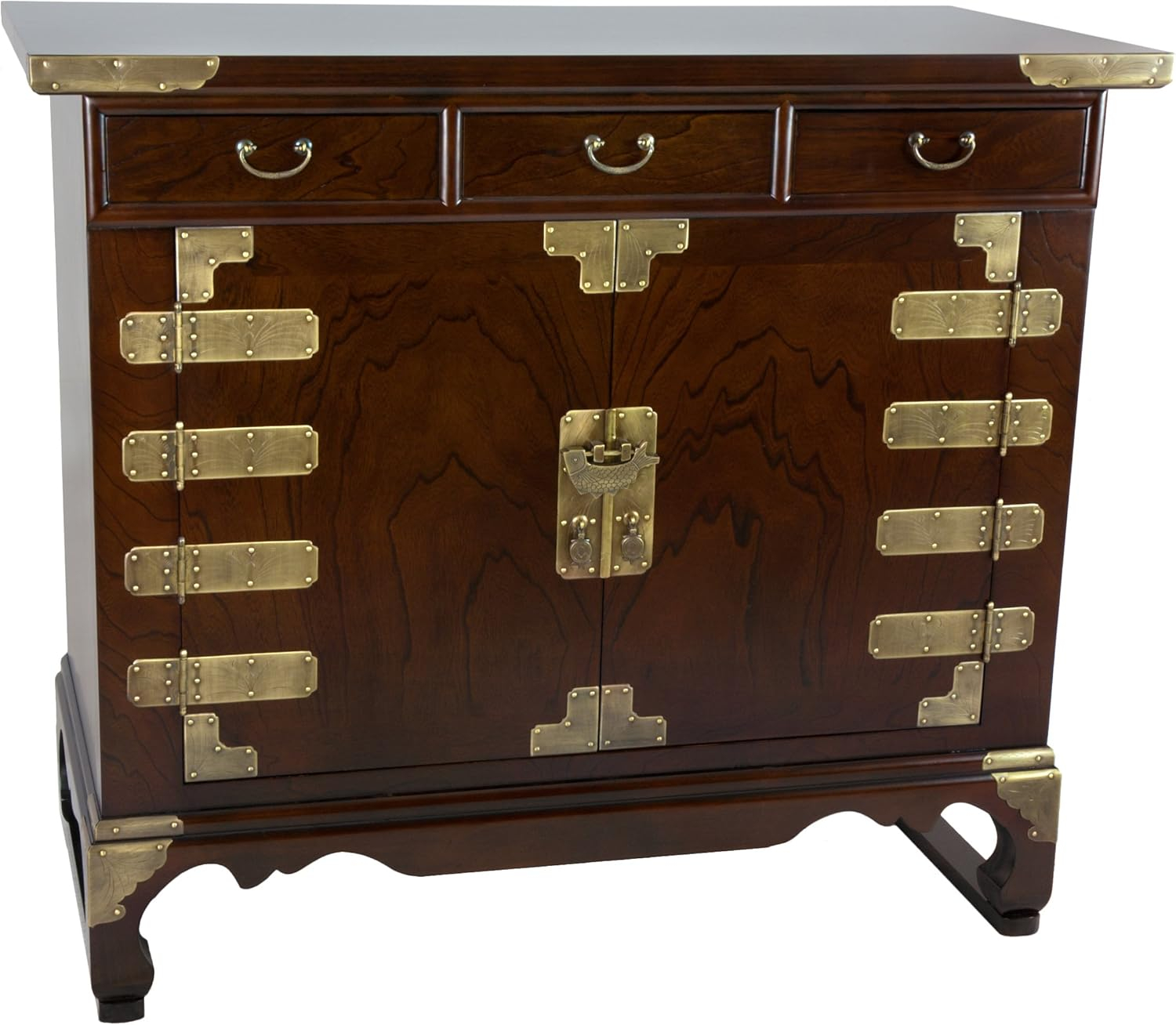 Red Lantern Korean Antique Style 3 Drawer End Table Cabinet, Cognac