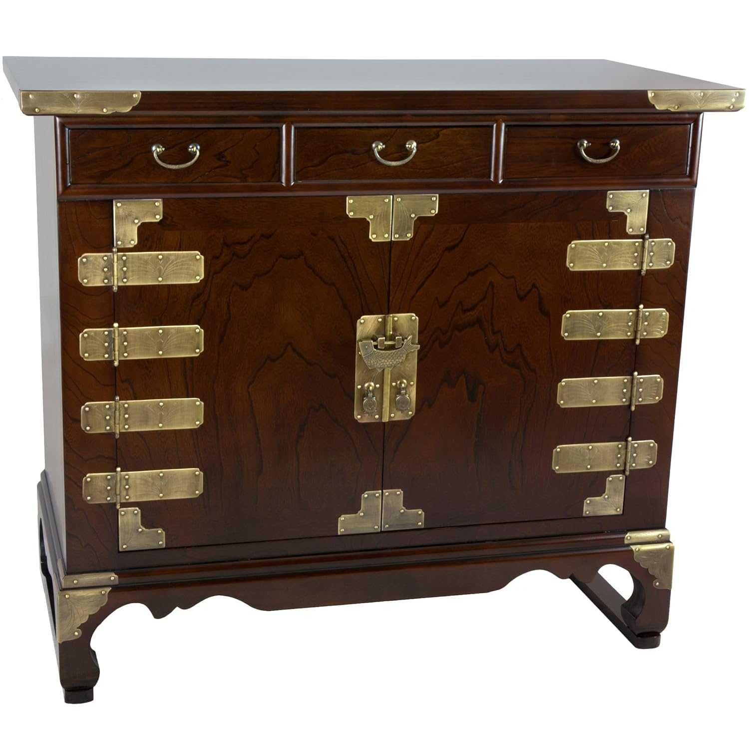 Red Lantern Korean Antique Style 3 Drawer End Table Cabinet, Cognac