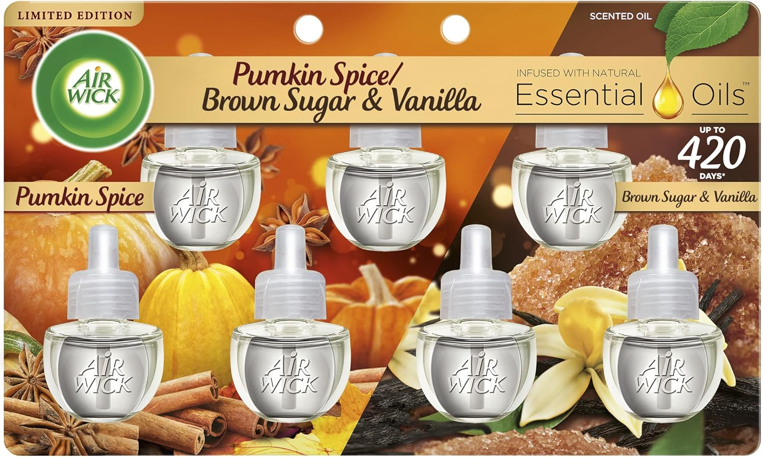 Air Wick Plug-In Fall Scented Oil Air Freshener Warmer Refills, Pumpkin and Brown Sugar, 7 Count
