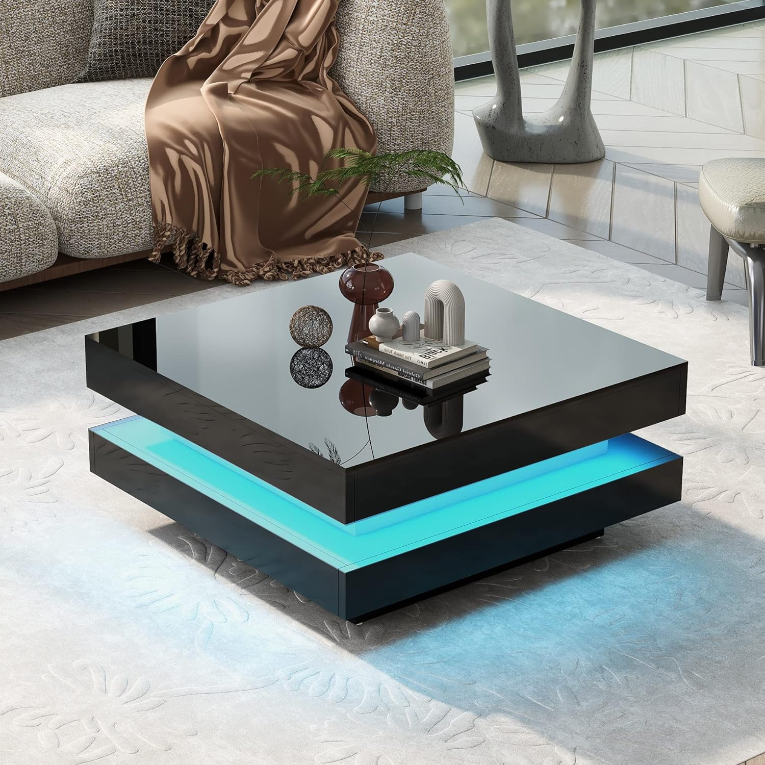 Modern Coffee Table, 2-Tier Square Coffee Table with Plug-in 16-Color LED Lights, High Gloss Coffee Table, Center Table for Living Room, 31.5”x31.5”x14.2”, Black