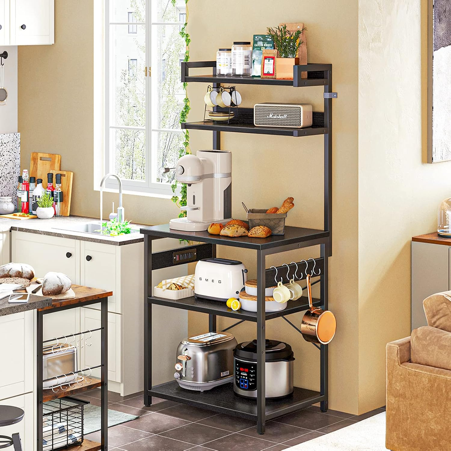 ODK Bakers Rack with Power Outlet, Coffee Bar with Storage 5-Tiers, Microwave Stand Kitchen rack 16.5 * 23.6 * 59 inches, Kitchen Shelf, Black