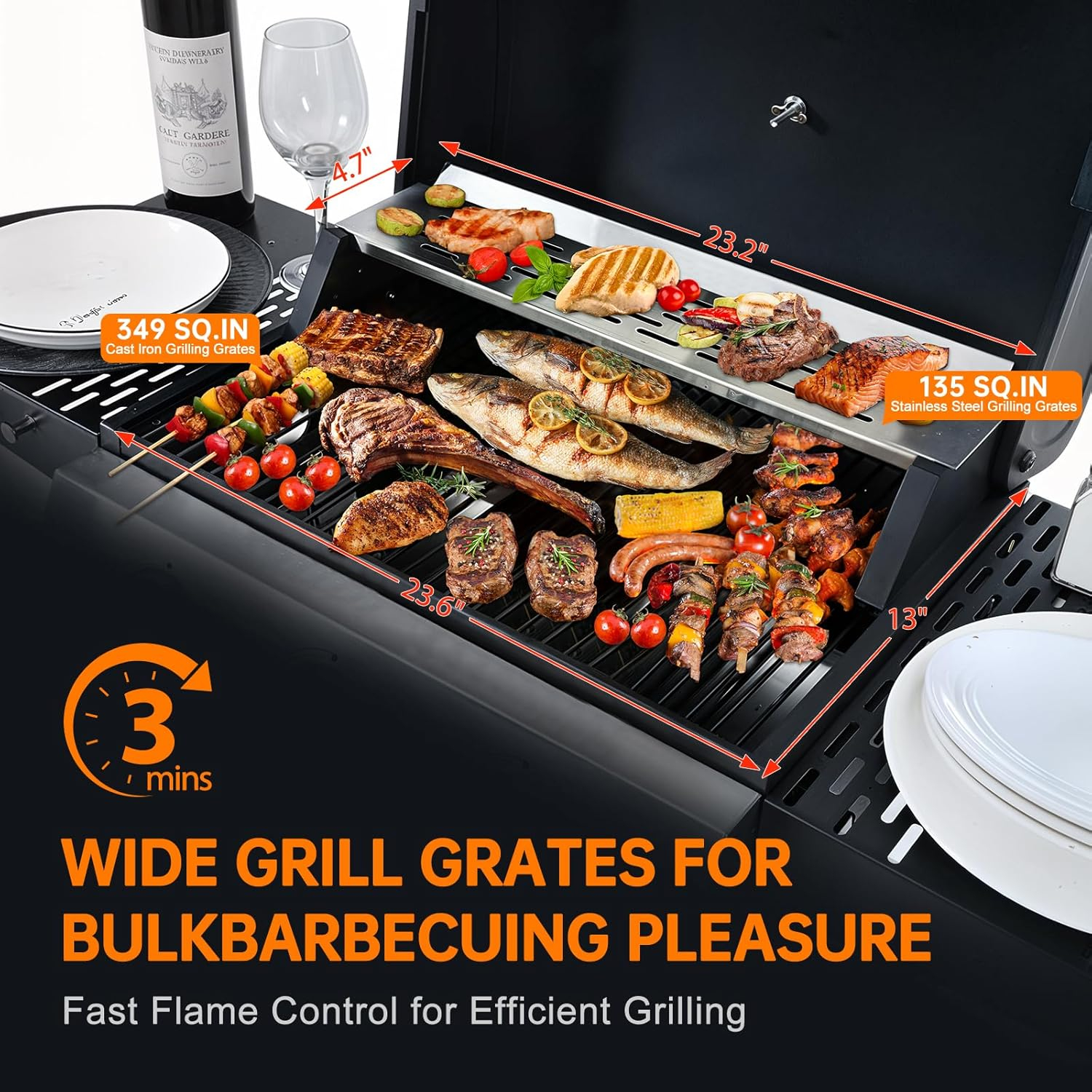 4 Burner Propane Gas Grill, Stainless Steel BBQ Grill 40,000 BTU for Outdoor Cooking Kitchen, Garden and Patio Backyard Barbecue, Black and Silver