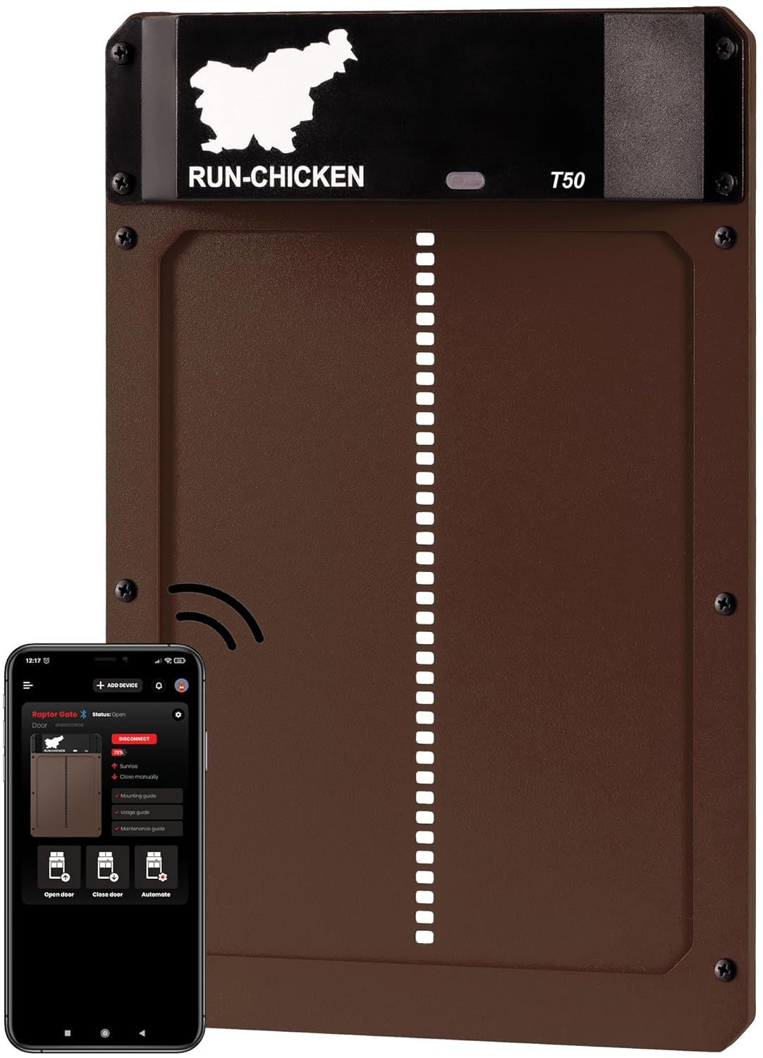 RUN-CHICKEN Door T50 – Automatic Chicken Coop Door Opener, Battery Powered & Weatherproof Aluminum, Smart App & Timer Control, Predator Proof, Easy Install, Reliable All-Season Performance (Brown)