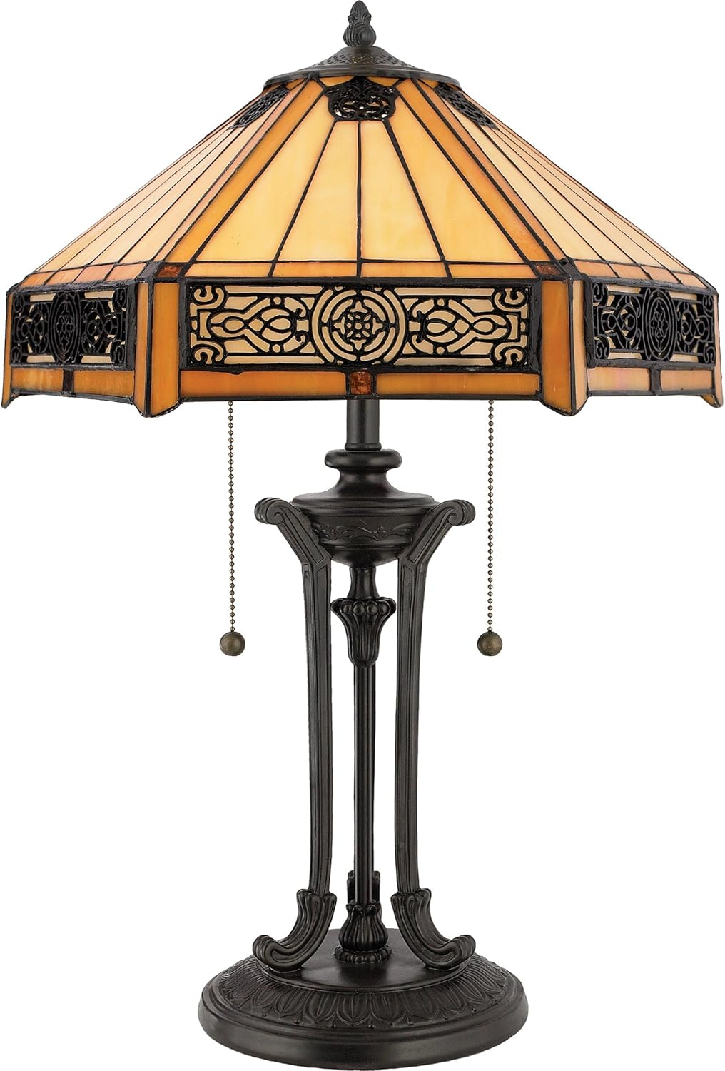 Vintage Bronze Stained Glass Table Lamp with Amber Shade