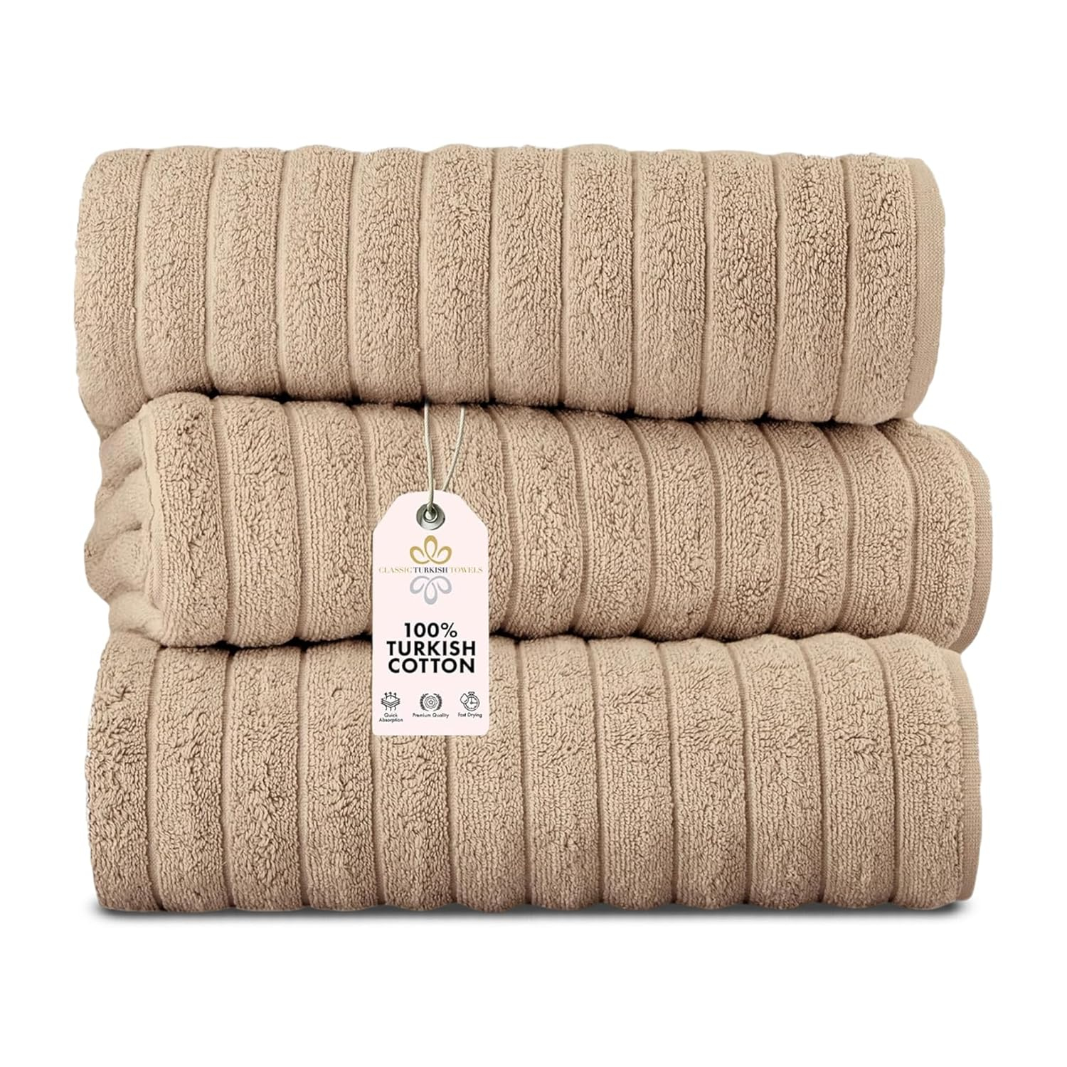 Classic Turkish Towel s 100% Turkish Cotton Bath Sheets Plush Ribbed 3 Piece 40x65" - 40x65 Almond Beige