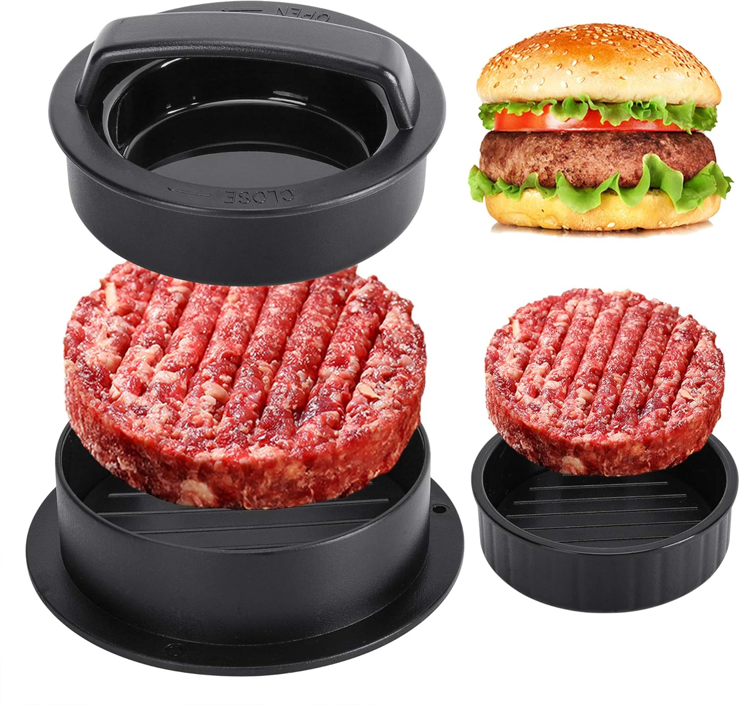 Badiano Hamburger Press Patty Maker, Burger Press, 3 in 1 Meat Beef Veggie Hamburger Mold, Black