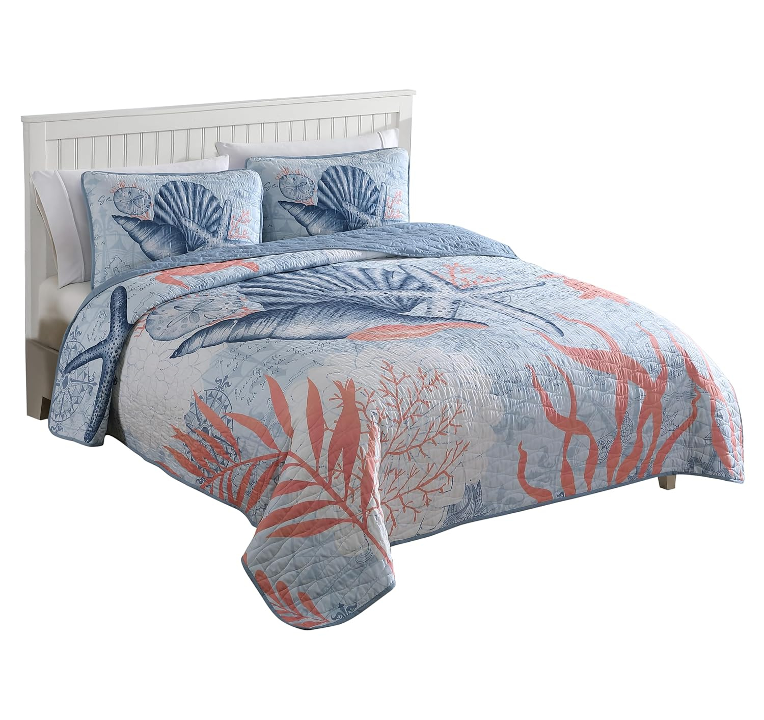 Caribbean Joe  Coastal 3PC Quilt Set Coral Turtle - Full - Queen