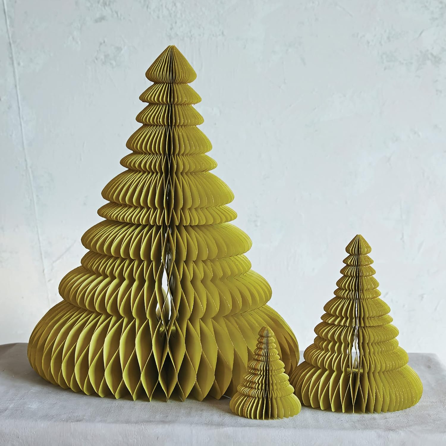 Creative Co-Op 20" Round x 26" H, 9-1/2" Round x 12" H & 5" Round x 6" H Handmade Recycled Paper Folding Honeycomb Trees w/Glitter, Chartreuse, Set of 3
