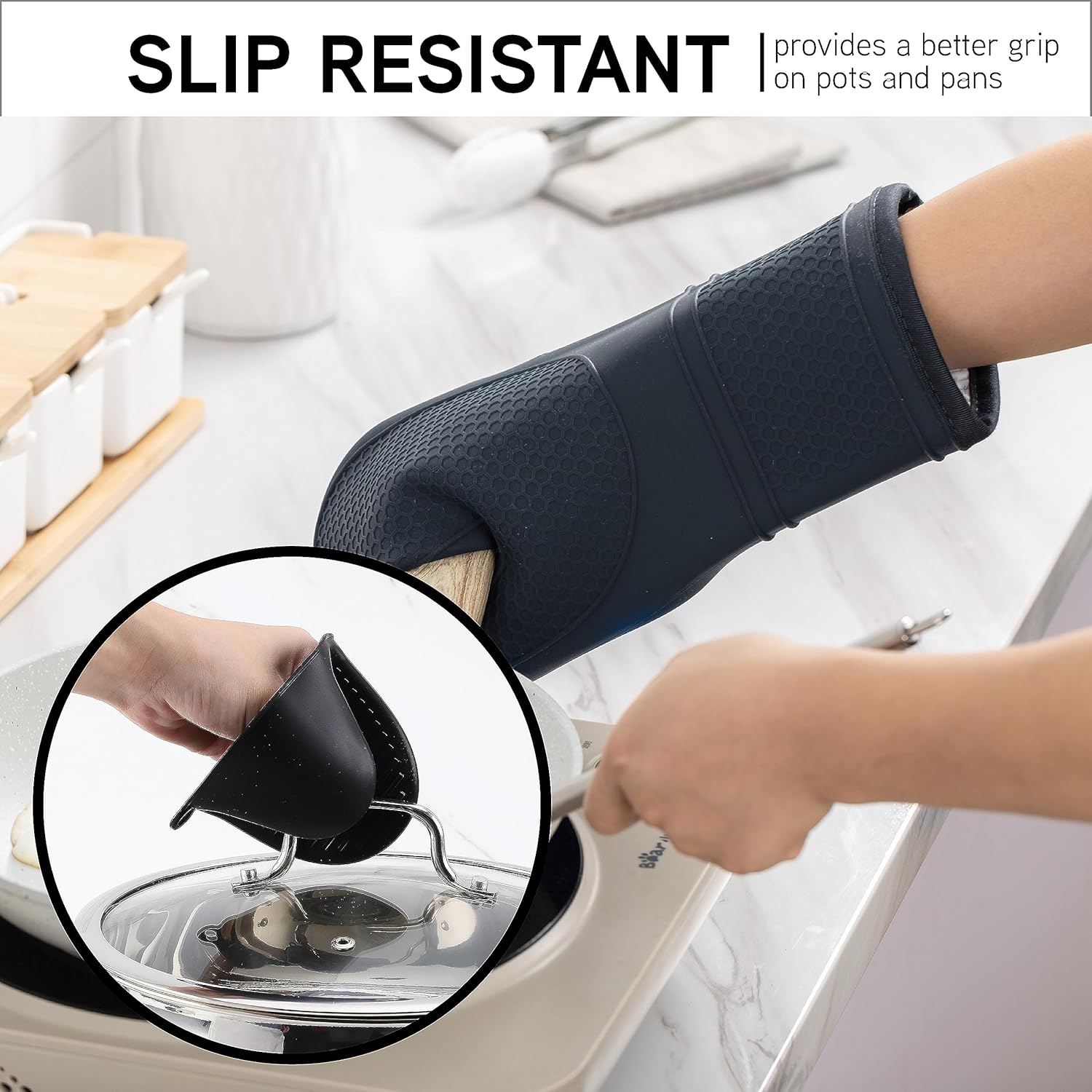 COOK WITH COLOR Silicone Oven Mitts- Heat Resistant Gloves with Soft Quilted Lining Oven Mitt Pot Holders for Cooking and BBQ, Black, Mitt Set