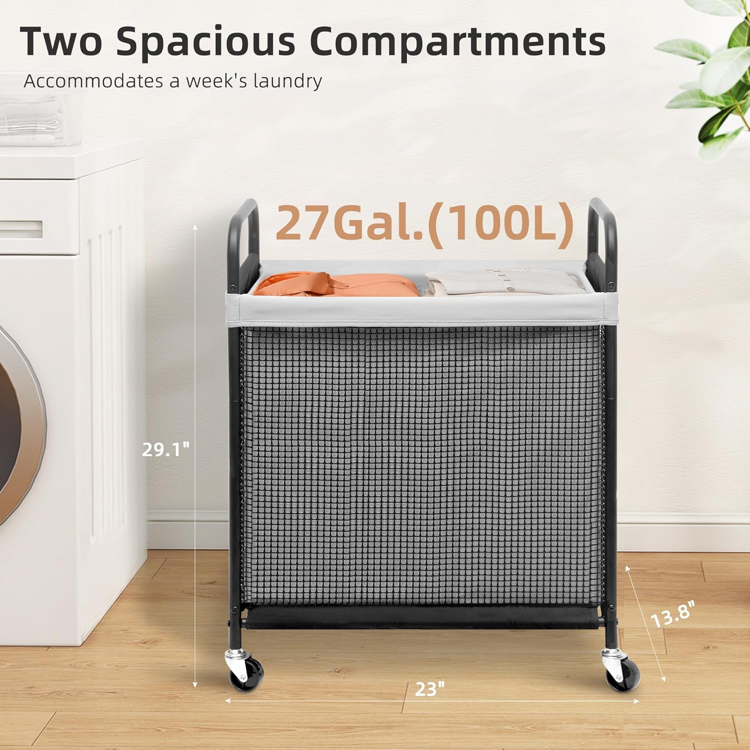 STORAGE MANIAC Rolling Laundry Hamper with Wheels 2-Section Laundry Sorter Rolling Laundrys Basket on Wheels with Removable Bag Clothes Hamper Laundrys Organizer Cart Bathroom Bedroom 100L Grey