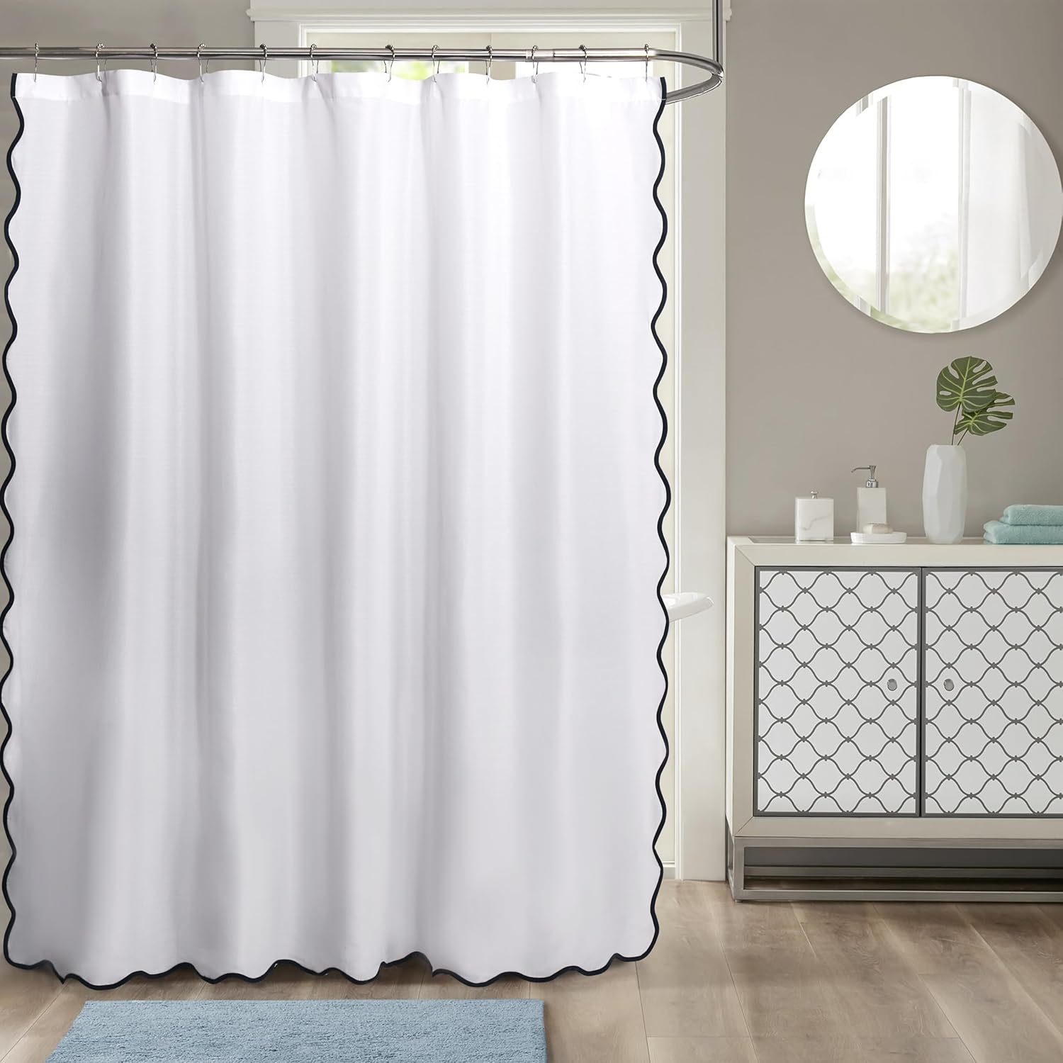 Boho Chic Aesthetic Scallop Edge Shower Curtain, Decorative Coastal Bathroom Curtain for Home Decor, 72 x 72 White and Navy Elegant Minimalist Textured Cloth Bath Curtain (LQ-36)