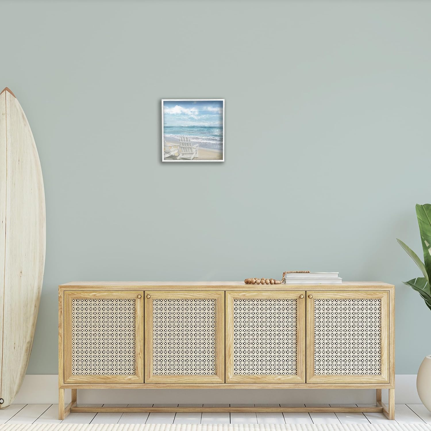 White Adirondack Chairs on the Beach Painting Landscape Framed Art Print Wall Art, 17x17